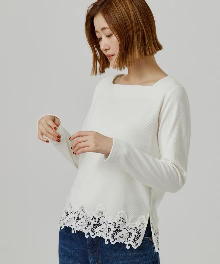 3色•M-3L•下擺蕾絲方領上衣