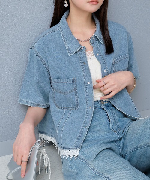 2色•短袖蕾絲牛仔外套