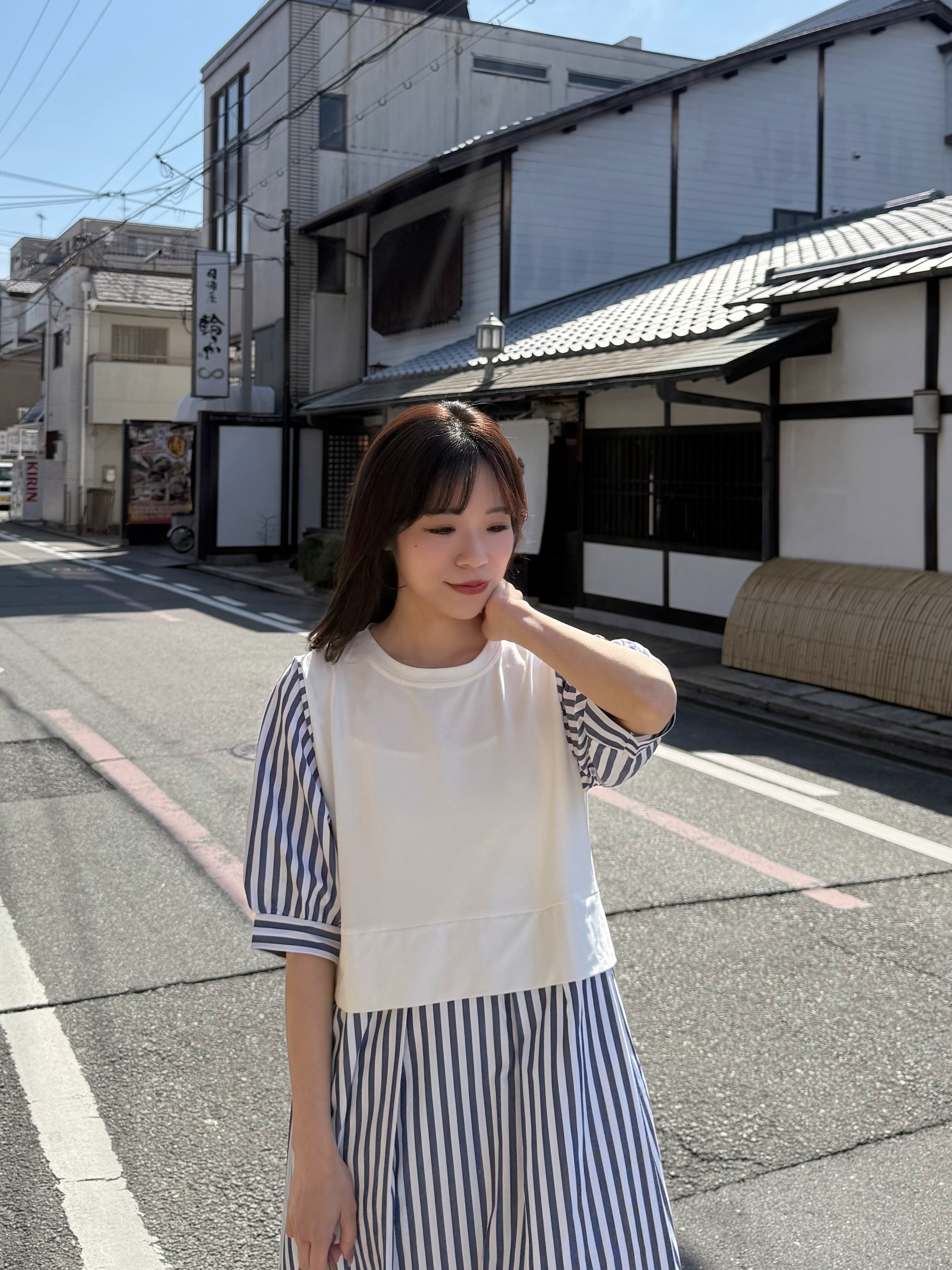 2色•5分袖直條紋拼色布連身裙