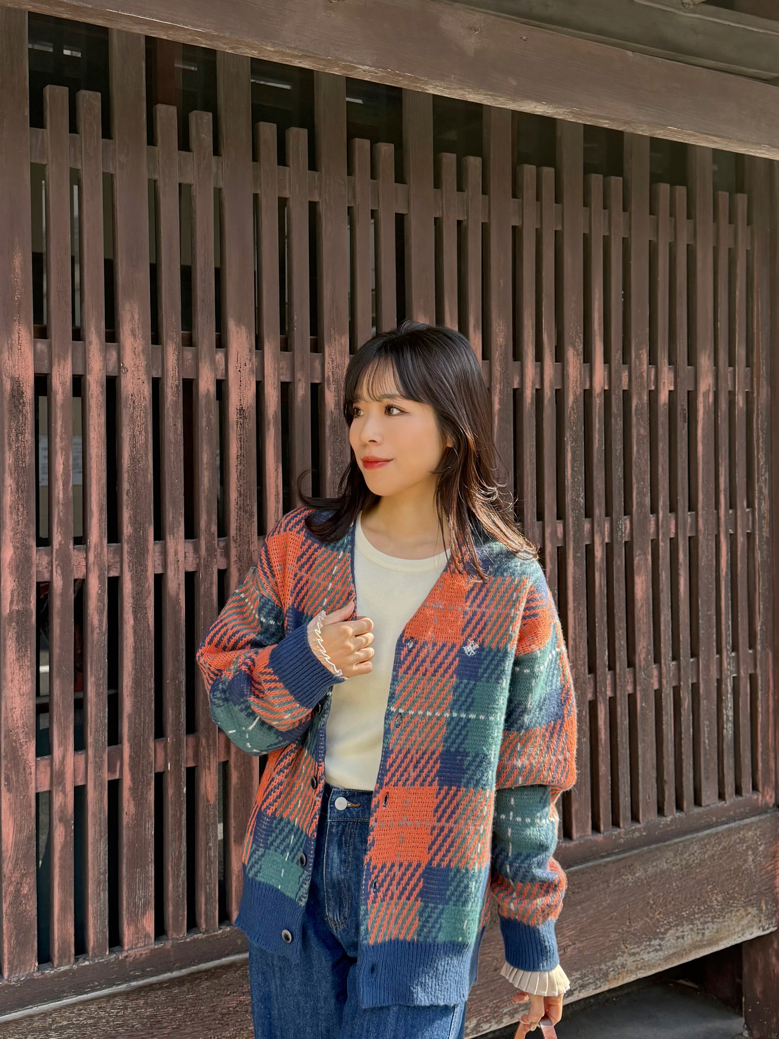 4色•Polo拼色大格紋針織外套