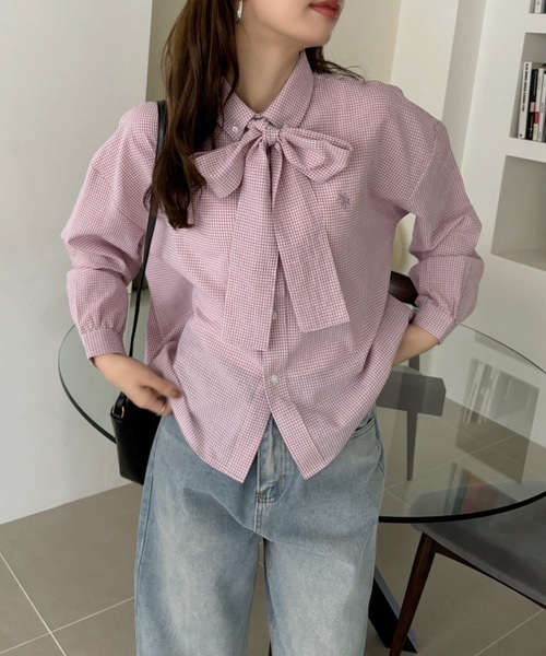 9色•Size F•領結短款泡泡袖襯衫（格紋/素色）