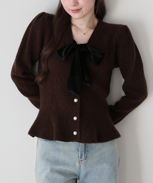 3色•Size M•絲絨蝴蝶結傘擺金線針織外套