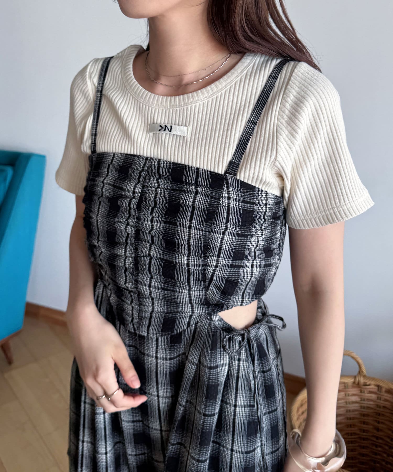 黑白格吊帶連身褲 + 髮圈套裝