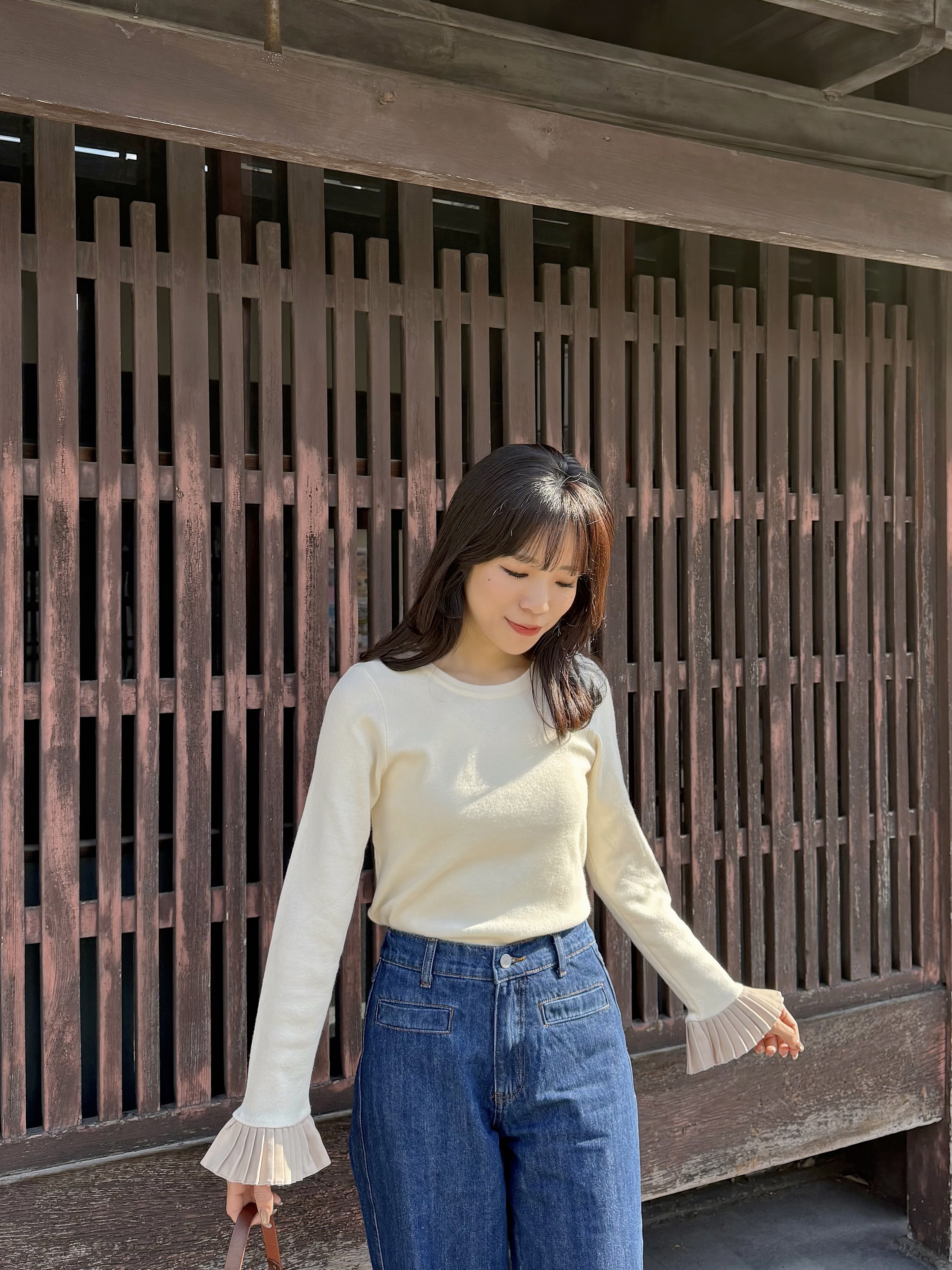 3色•拼色百褶袖口針織上衣