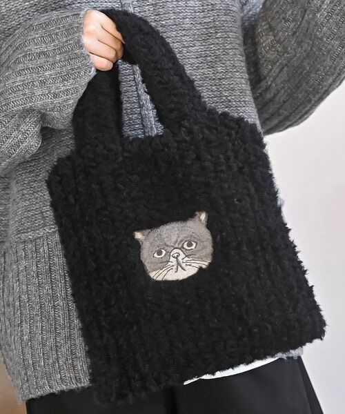 3色•Size F•貓咪刺繡羊羔絨手袋