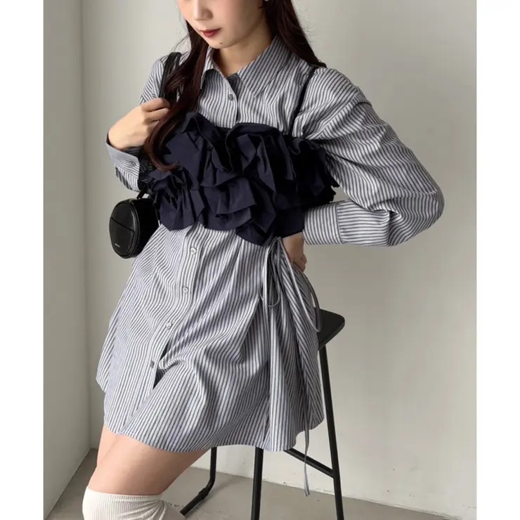 直條長恤衫+吊帶背心套裝