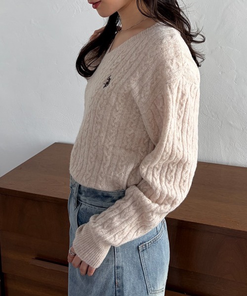 5色・M-LL・U.S. POLO ASSN. 刺繡V領麻花針織上衣