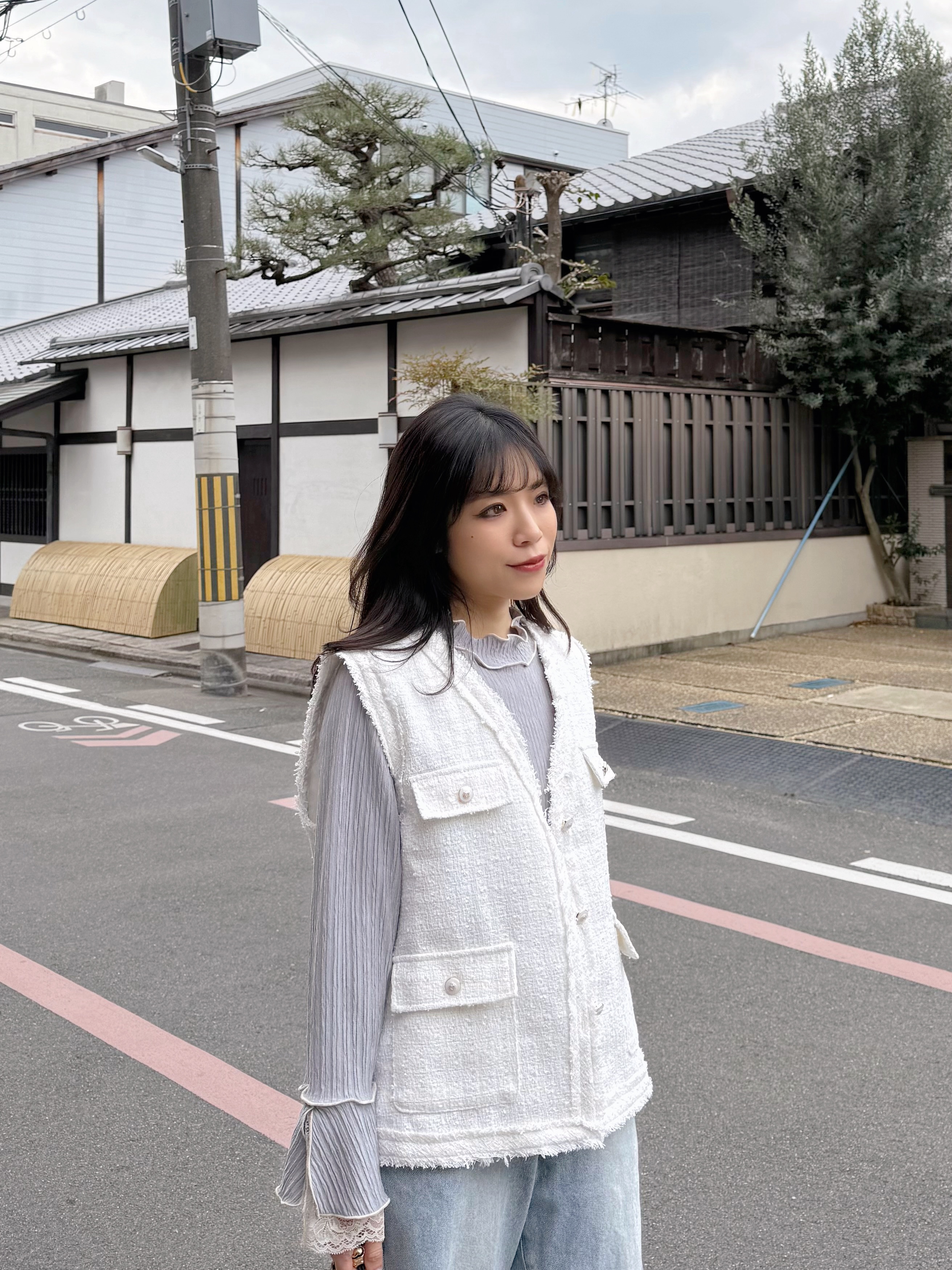 2色•銀絲Tweed流蘇邊背心外套