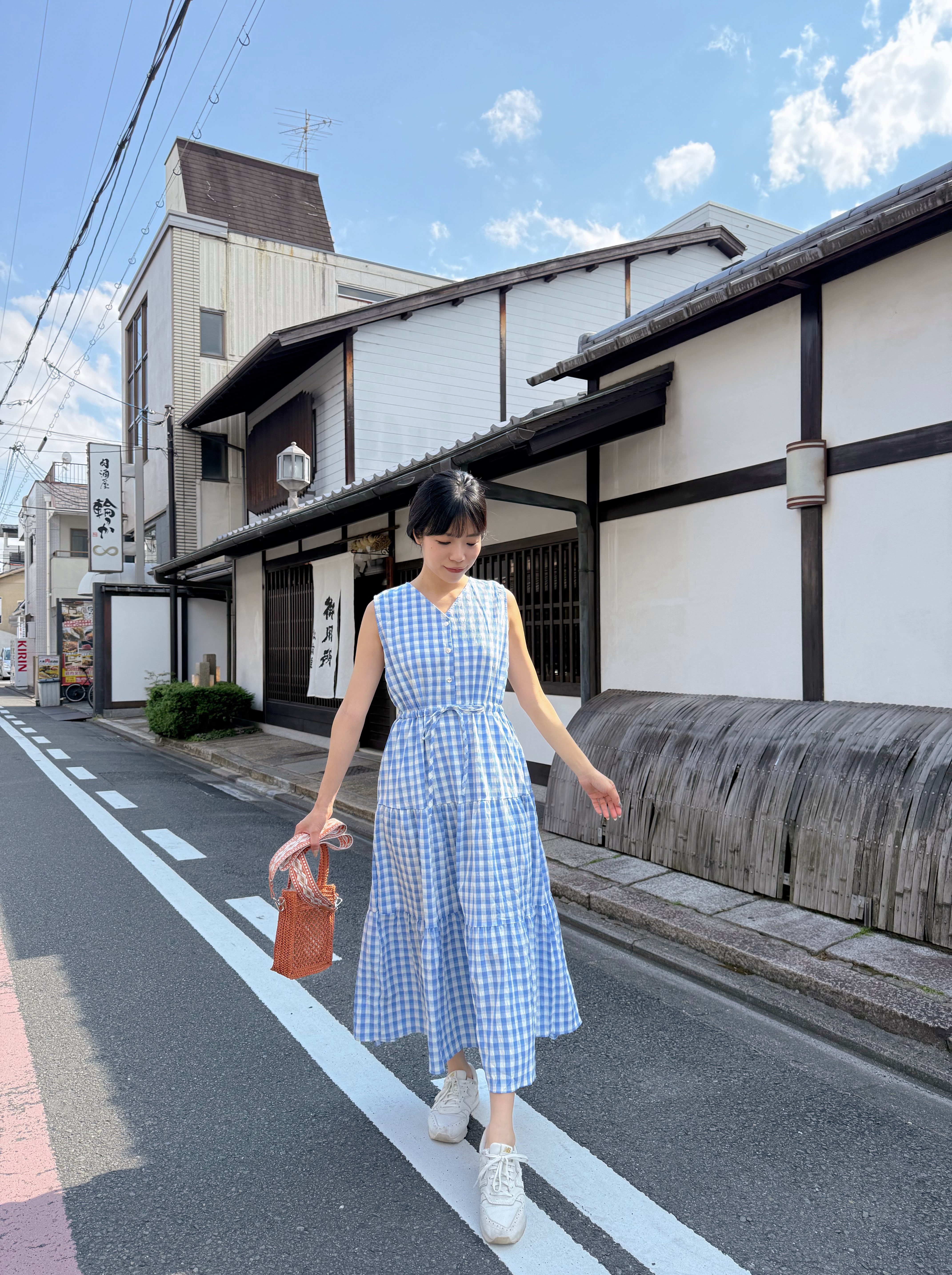 V領格仔背心雪紡連身裙