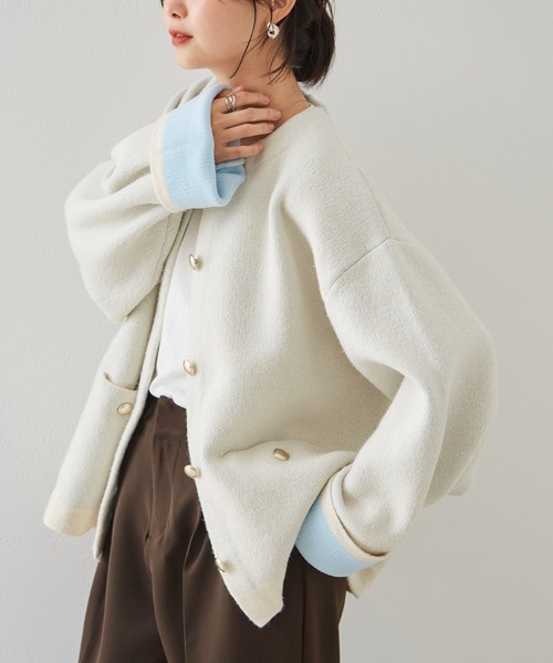 拼色金扣中長款針織外套