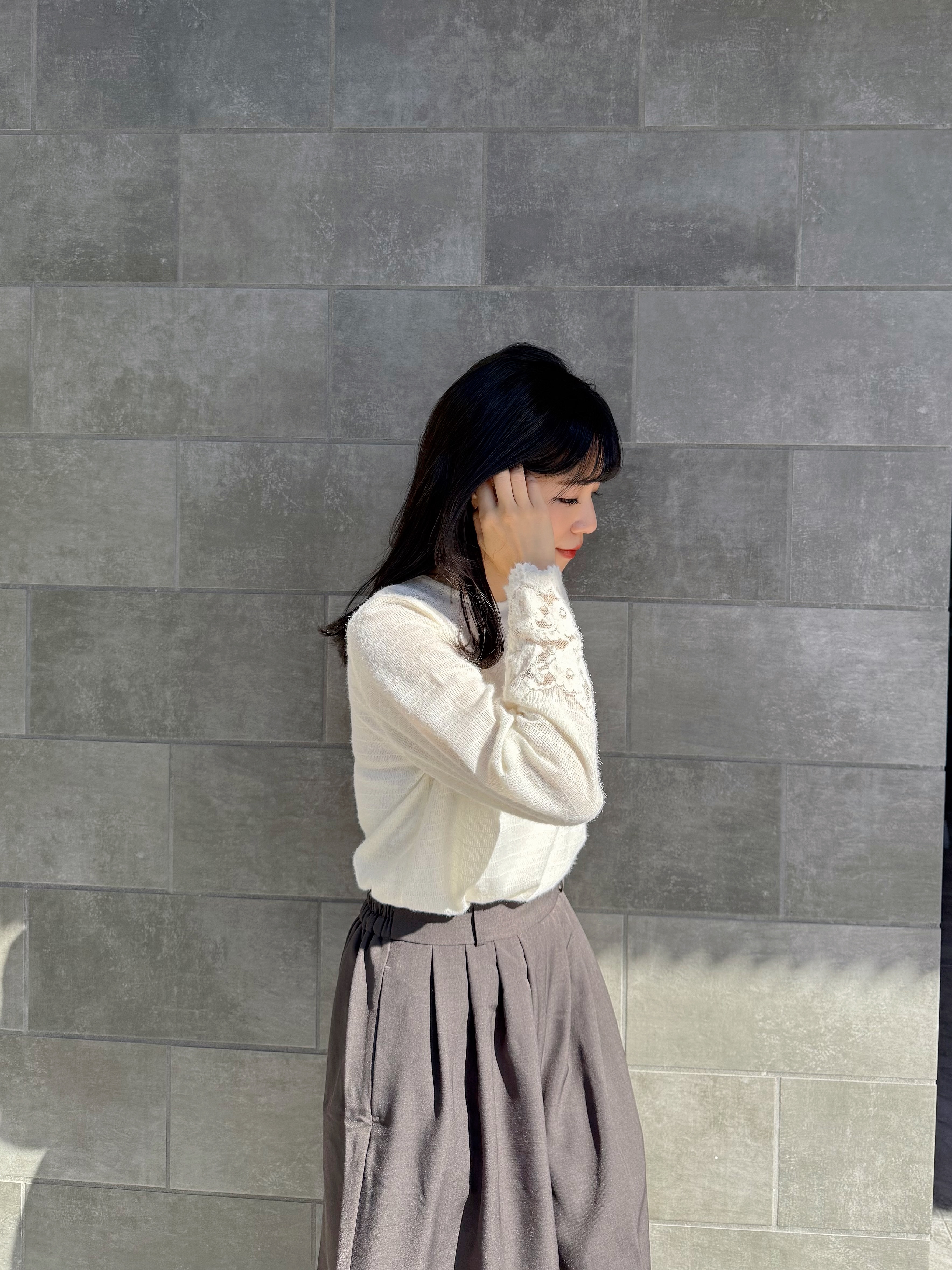 4色•蕾絲寬袖薄針織上衣