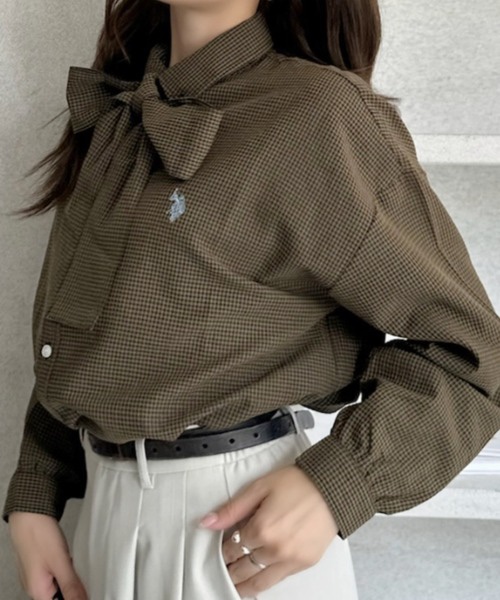 9色•Size F•領結短款泡泡袖襯衫（格紋/素色）