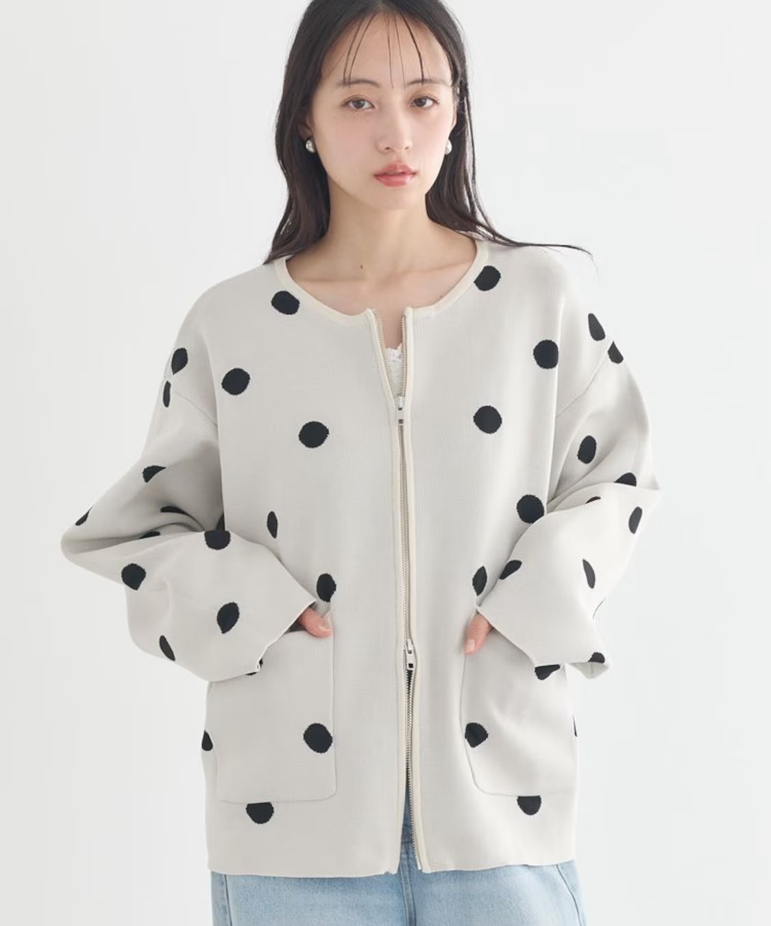 2色•波點防起毛粒針織拉鍊外套