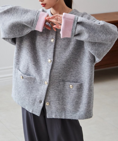 拼色金扣中長款針織外套