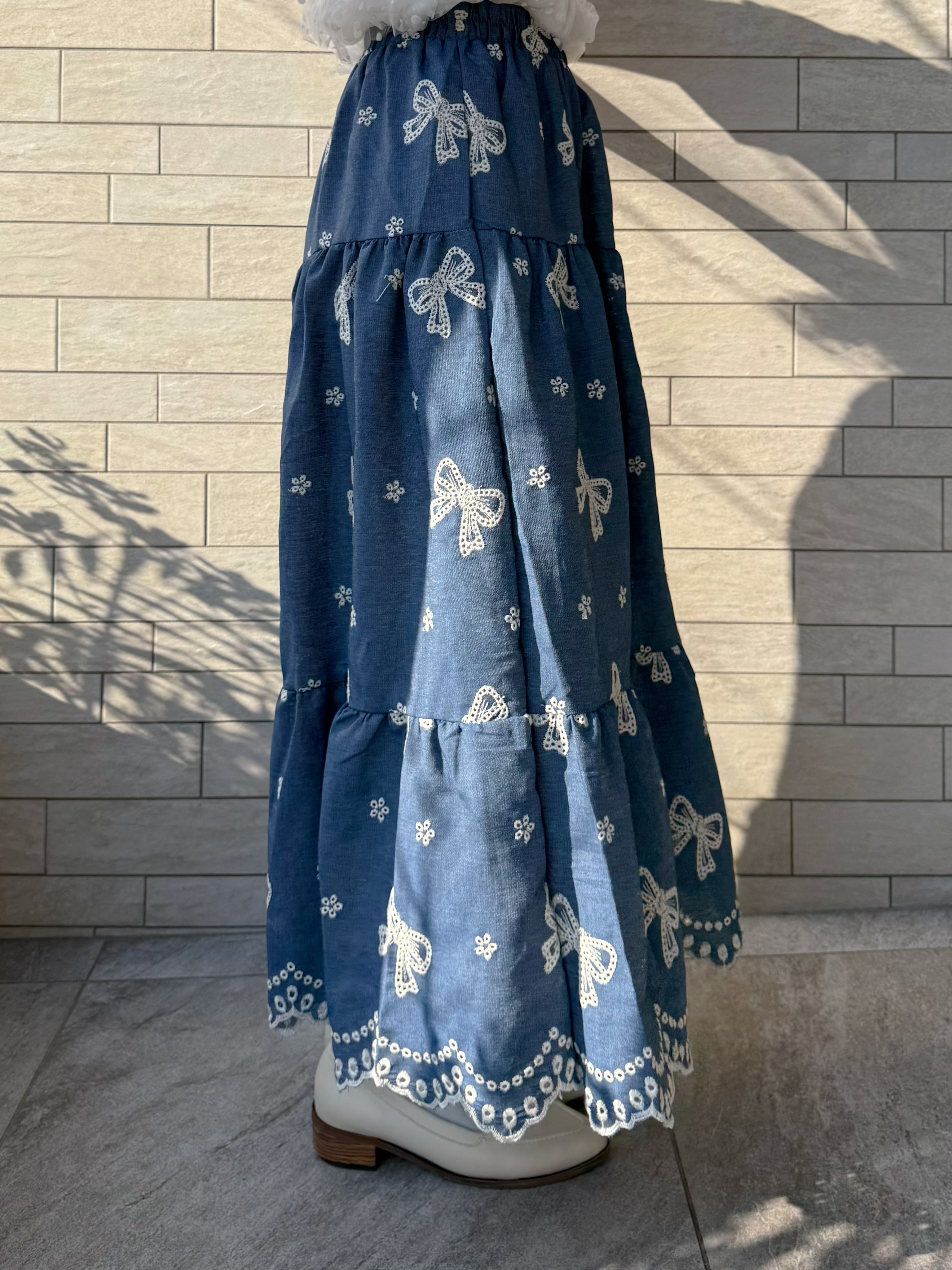 蝴蝶結刺繡綿質半身裙