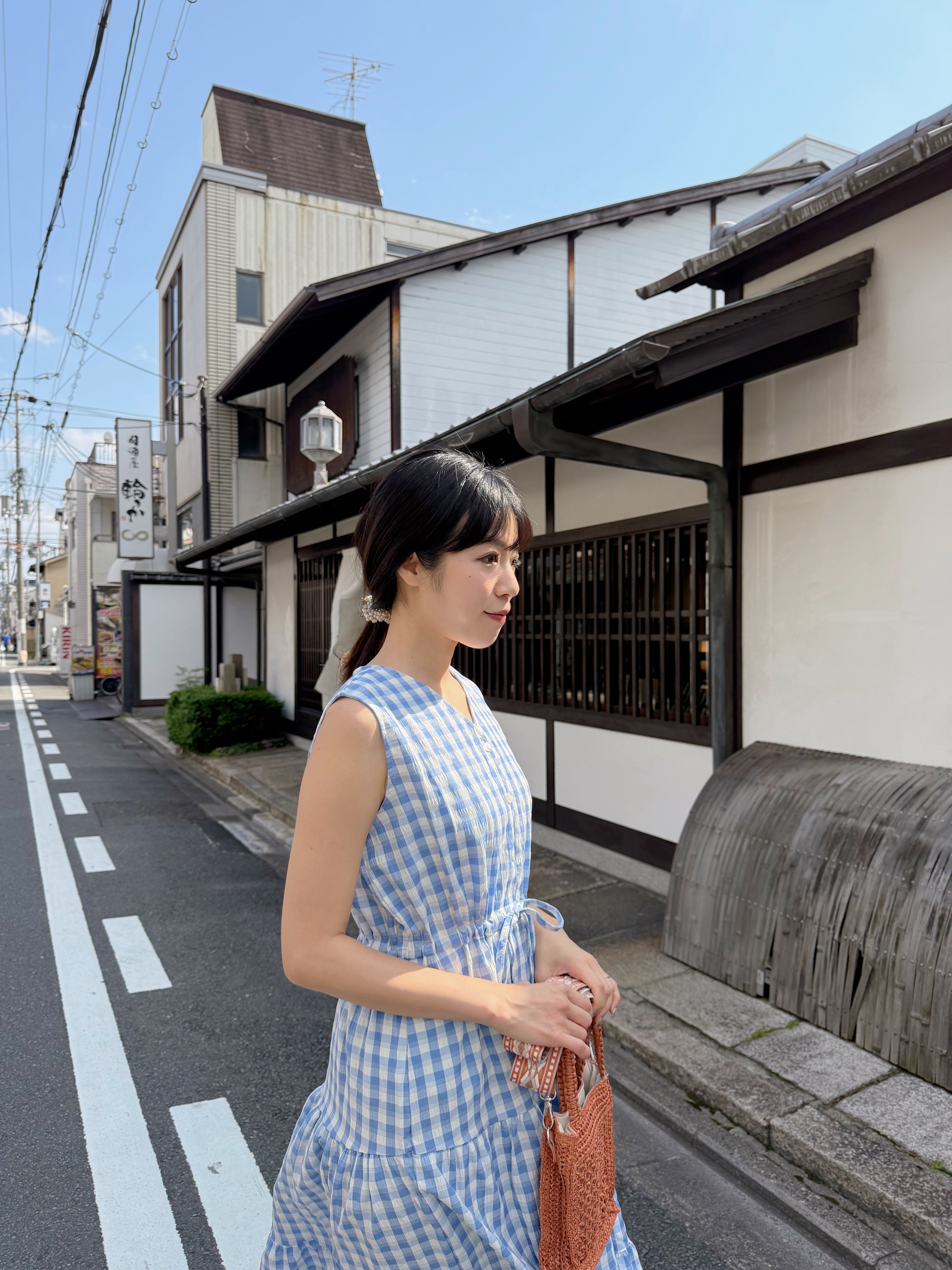 V領格仔背心雪紡連身裙