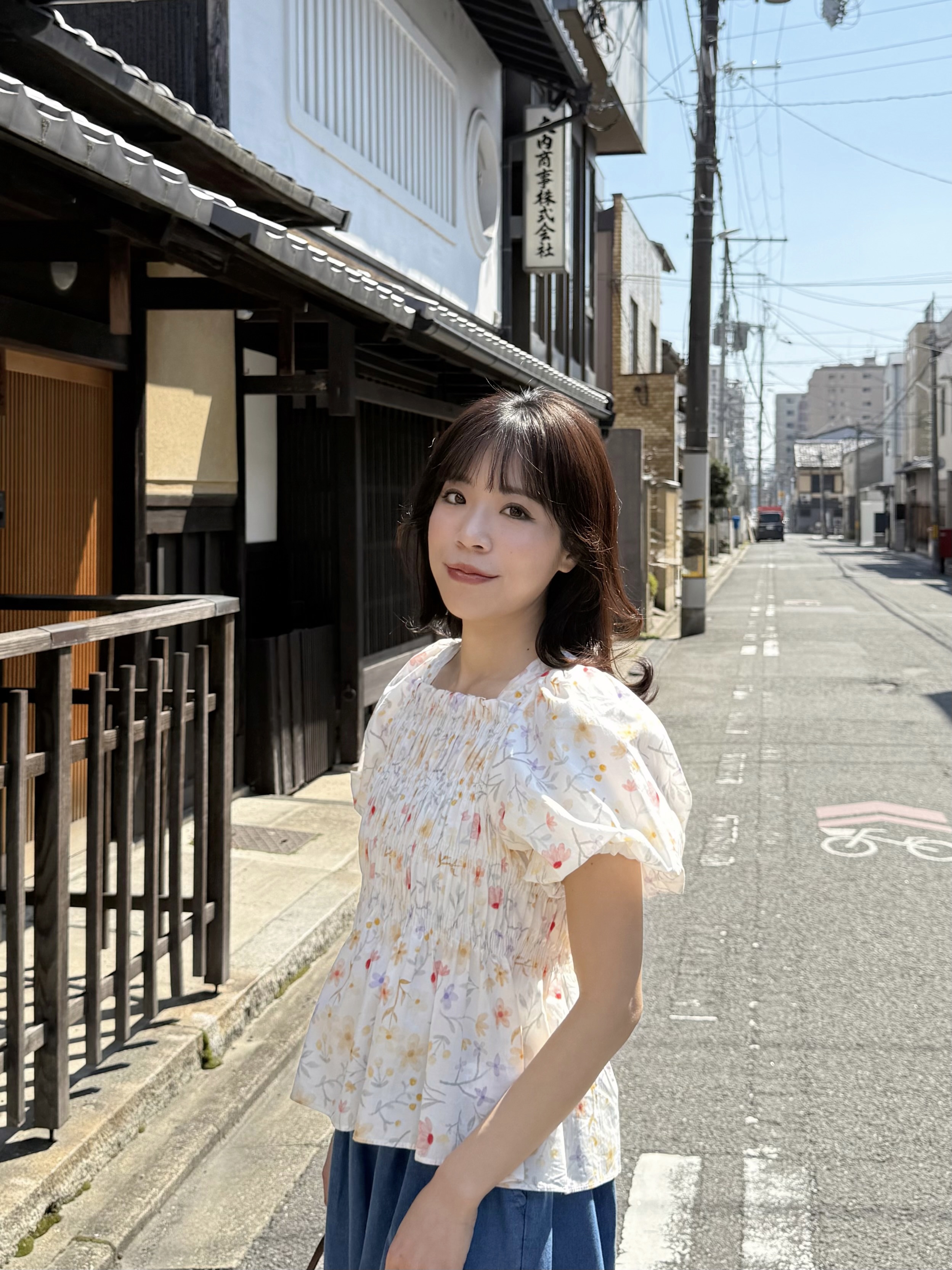 暖色系花柄方領摺摺全綿上衣