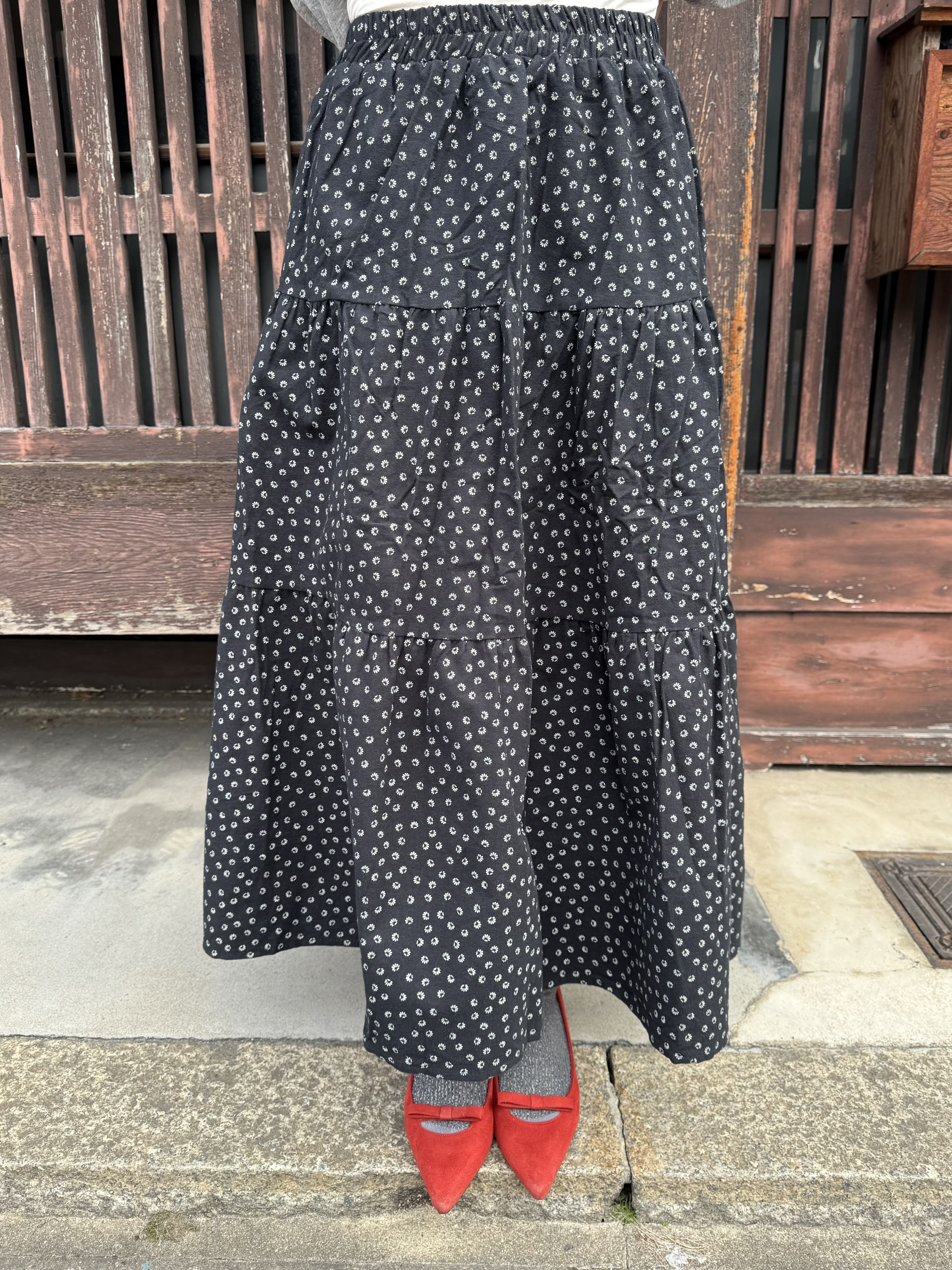 白色小花A line綿布半身裙