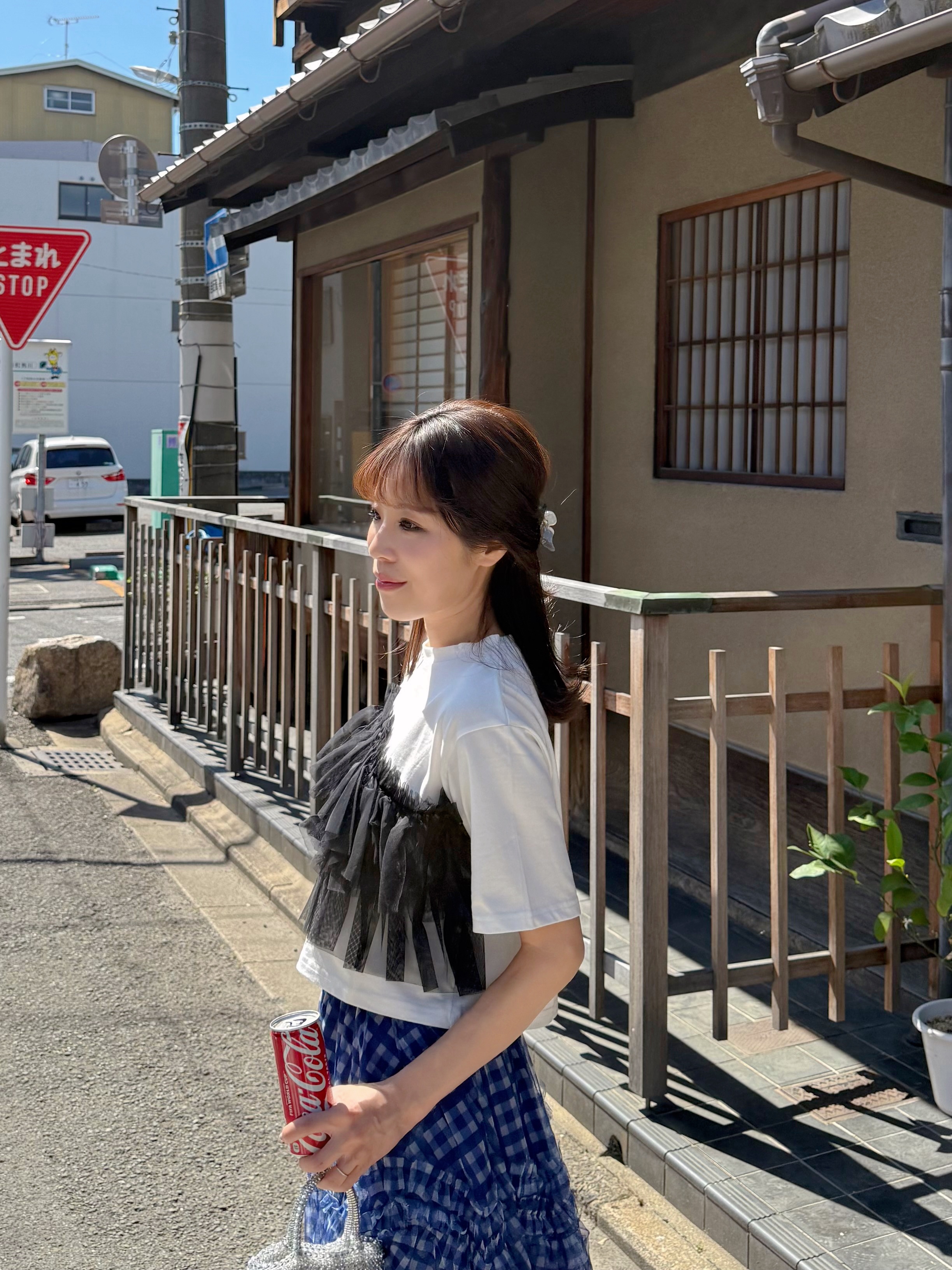黑紗紗拼綿Tee