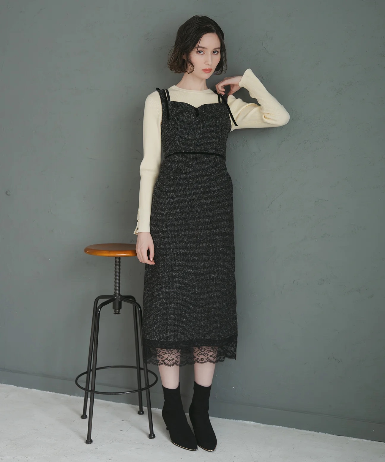 2色．Tweed拼蕾絲背心連身裙
