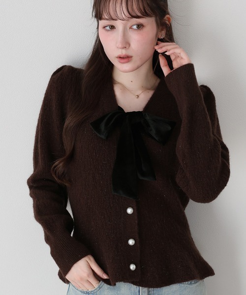 3色•Size M•絲絨蝴蝶結傘擺金線針織外套