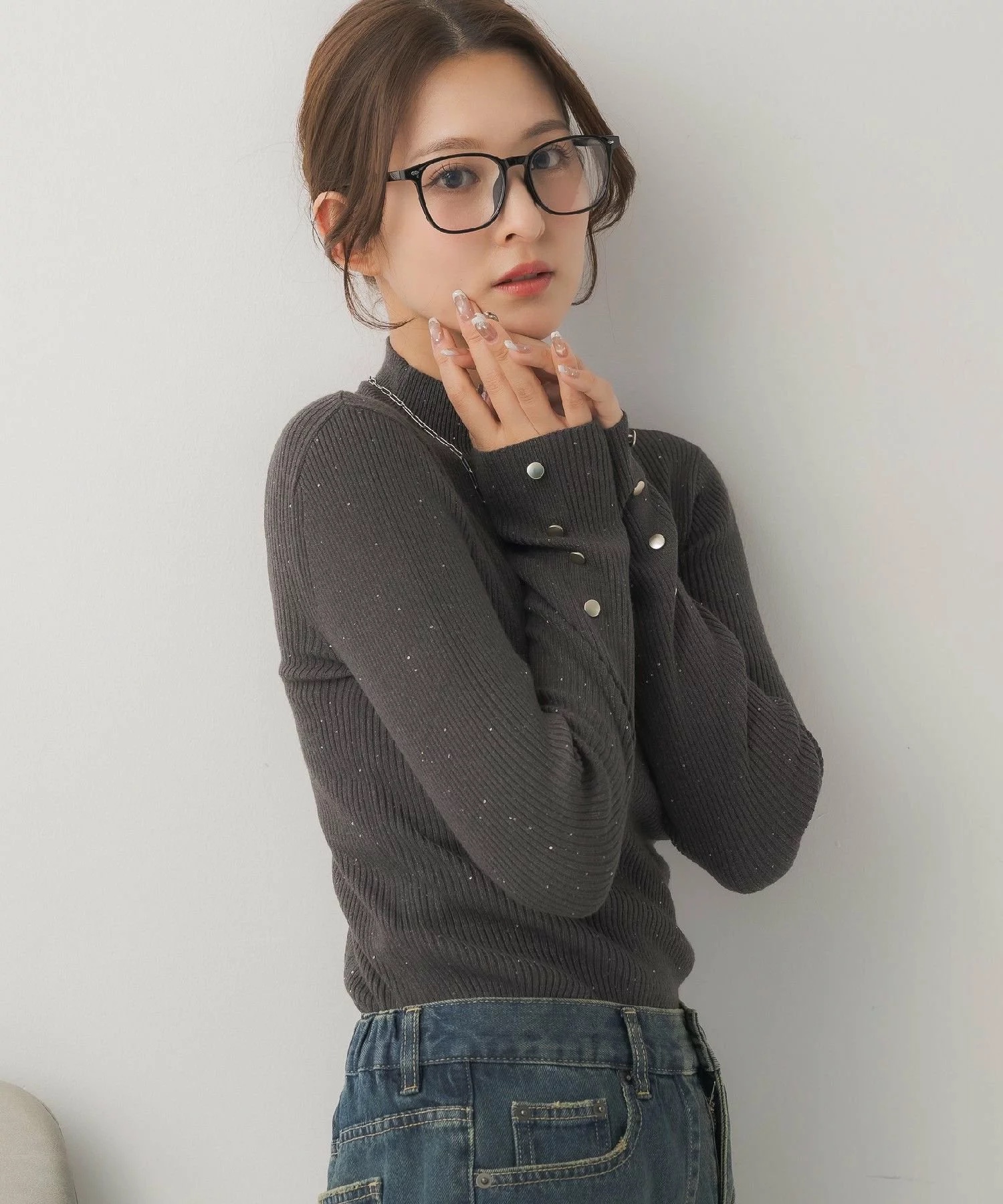 閃閃/ 淨色啞色扣閃閃企領針織