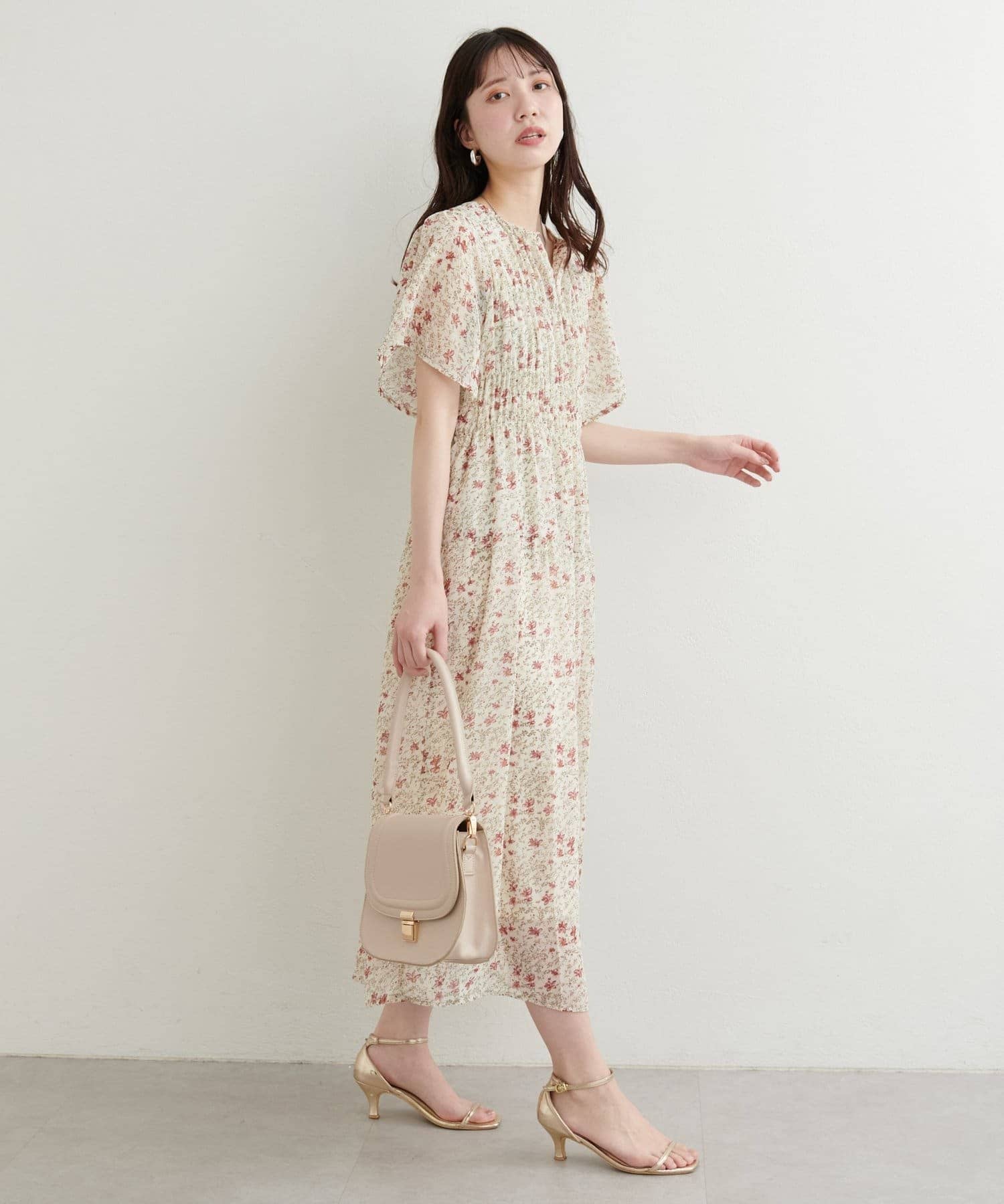 2Way前後傘袖碎花摺摺雪紡連身裙