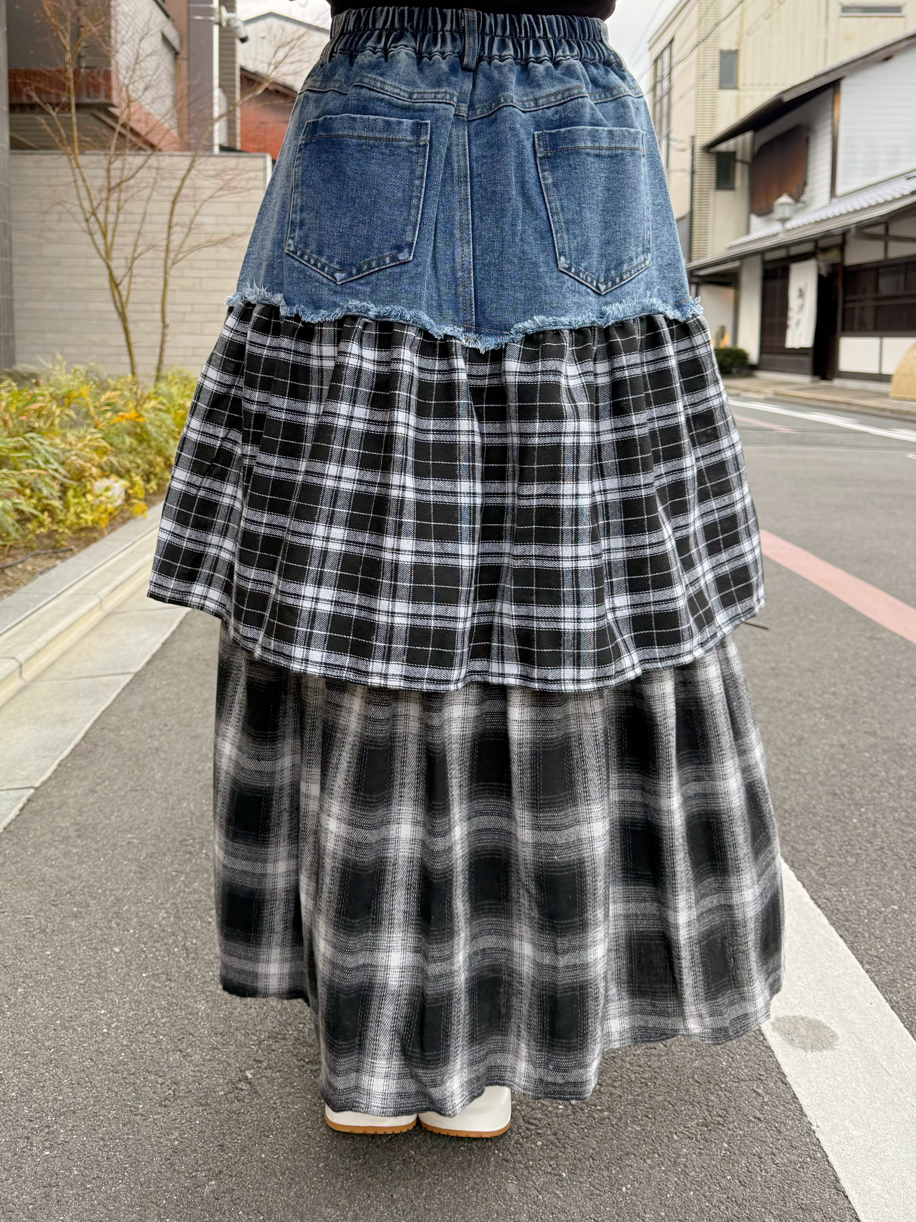 黑白格仔層次牛仔裙