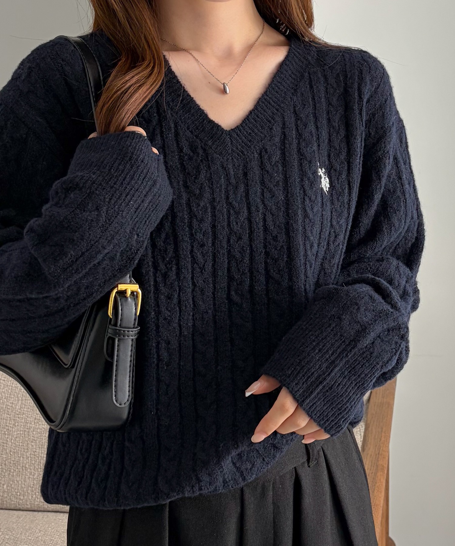 5色・M-LL・U.S. POLO ASSN. 刺繡V領麻花針織上衣