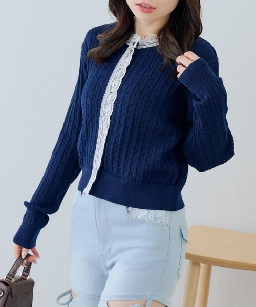 3色•蕾絲企領麻花針織外套