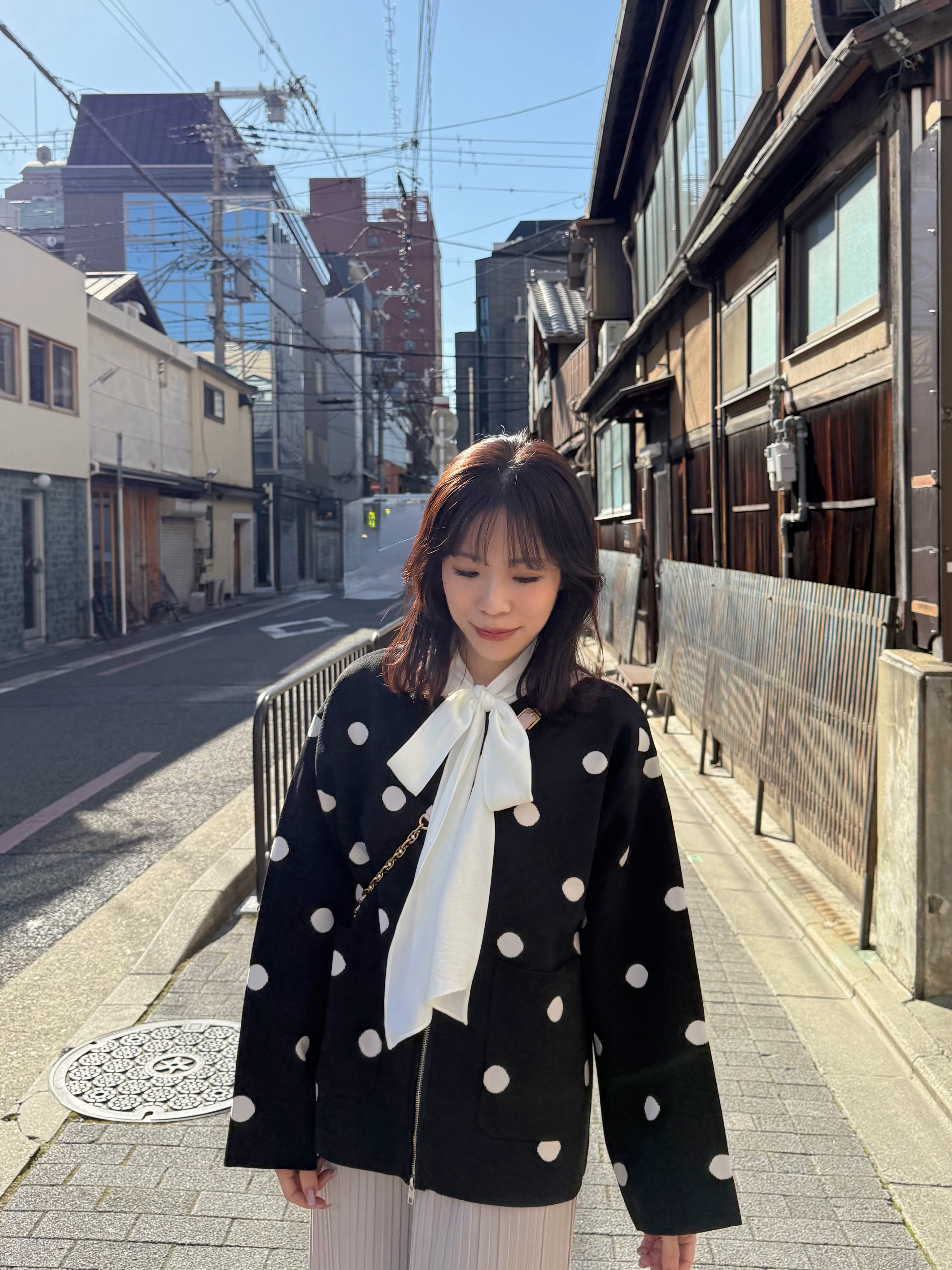 2色•波點防起毛粒針織拉鍊外套