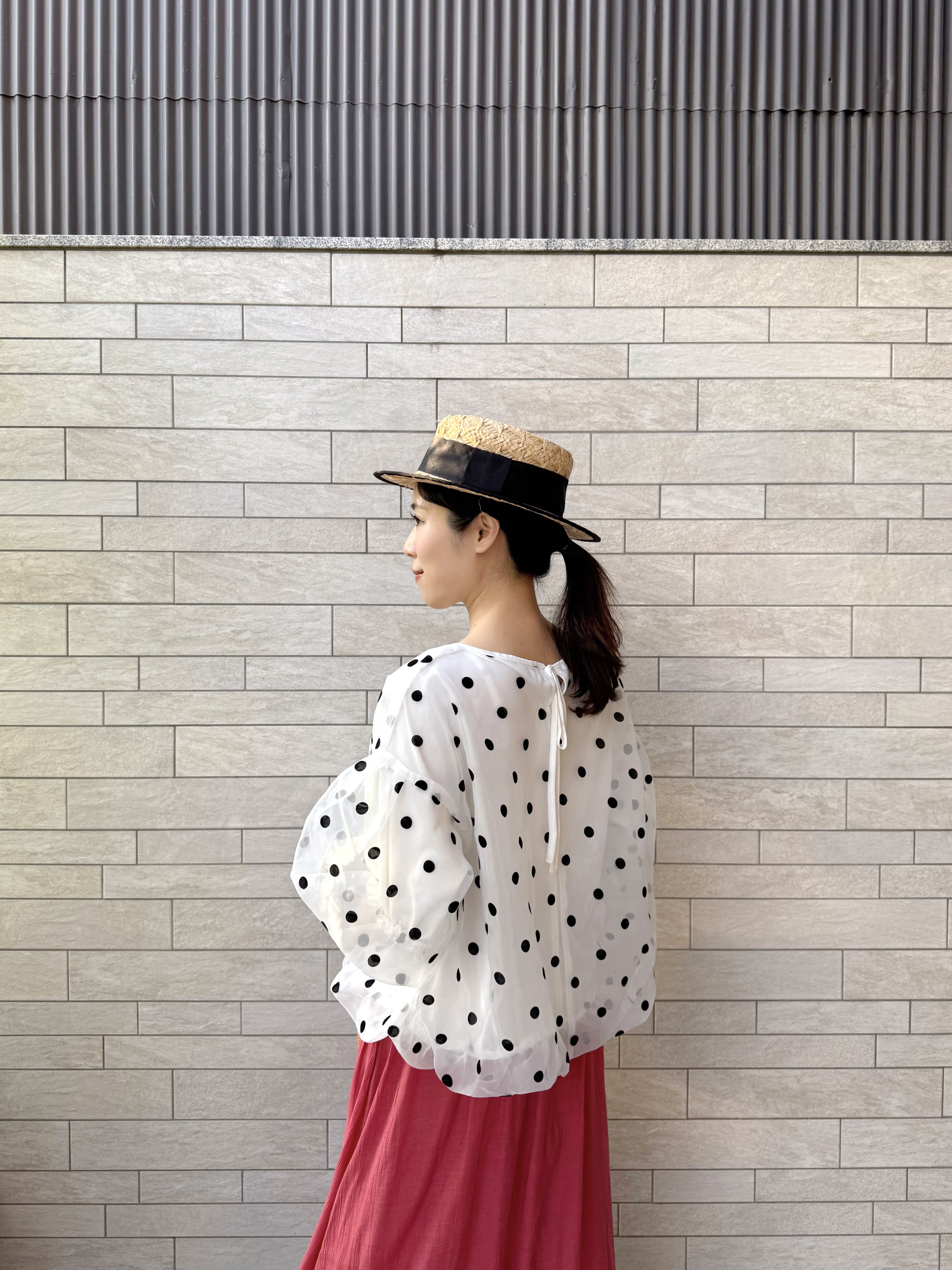 泡泡袖波點雪紡上衣
