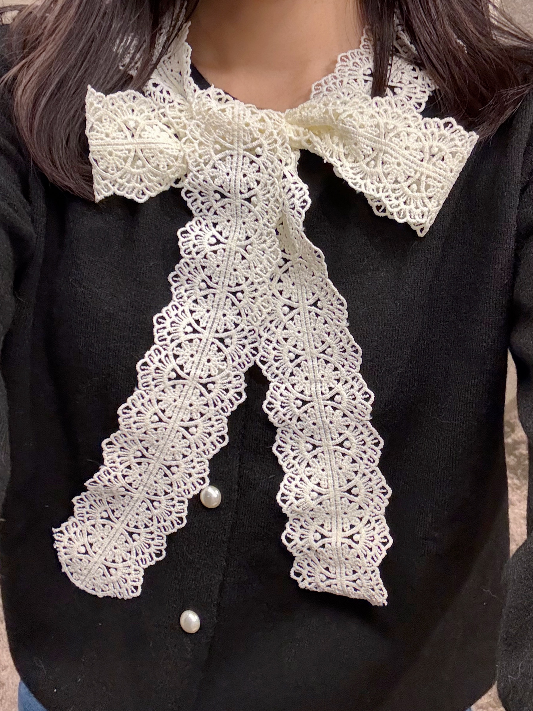 3色•蕾絲蝴蝶結領帶針織外套上衣