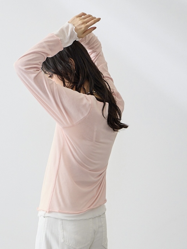 4色•假兩件拼色半透上衣