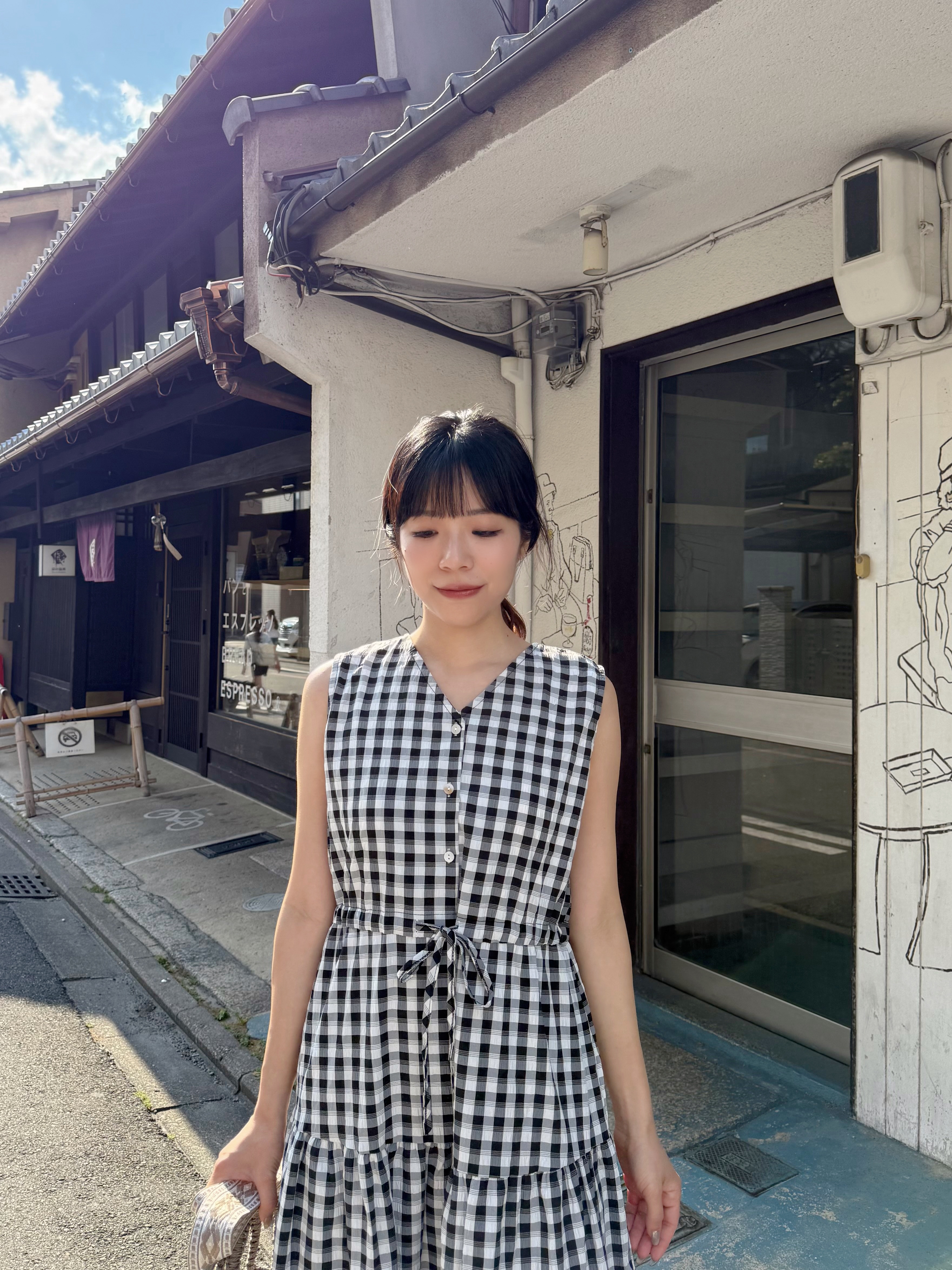 V領格仔背心雪紡連身裙