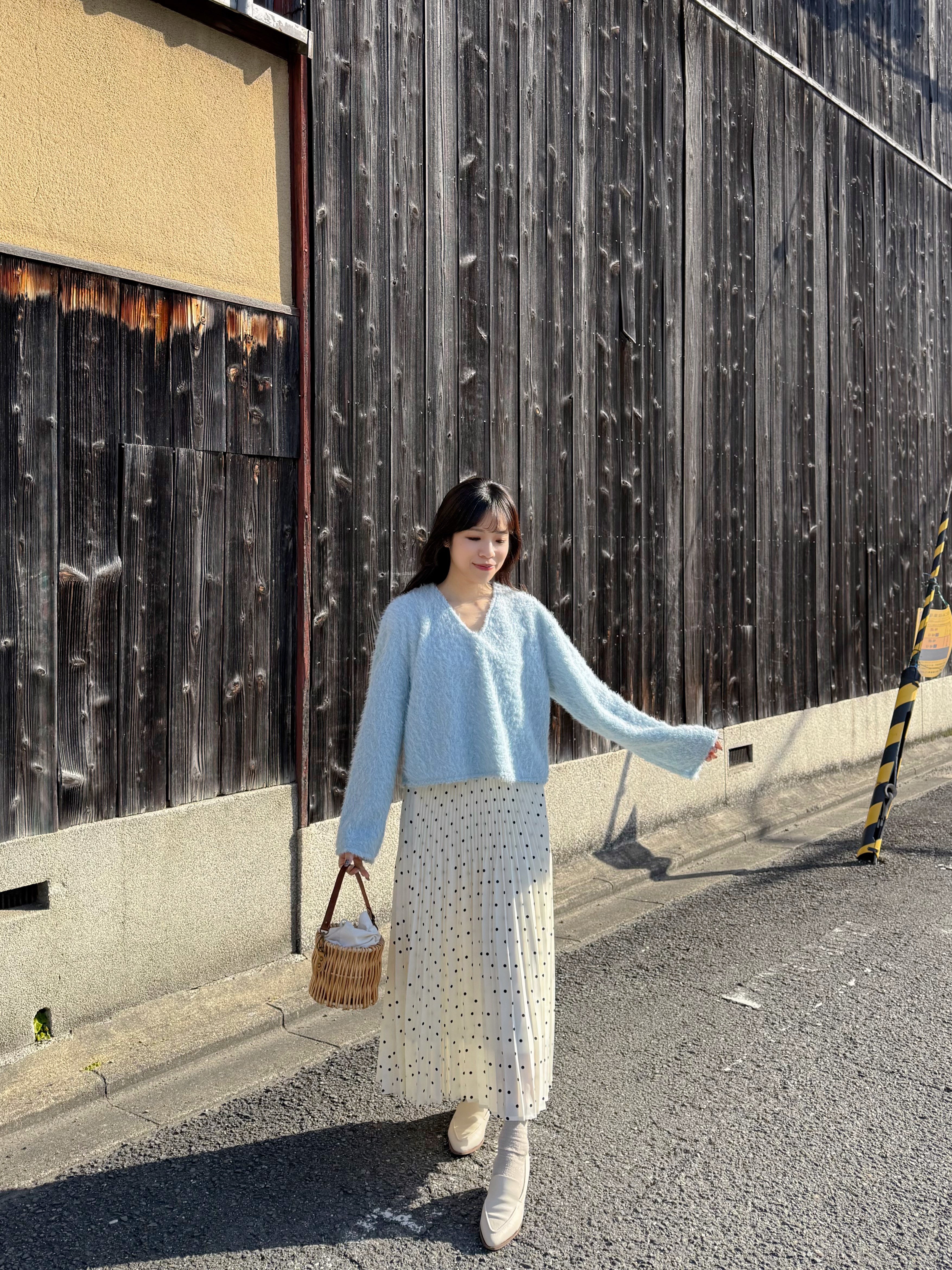 2色•百褶波點雪紡長款半身裙