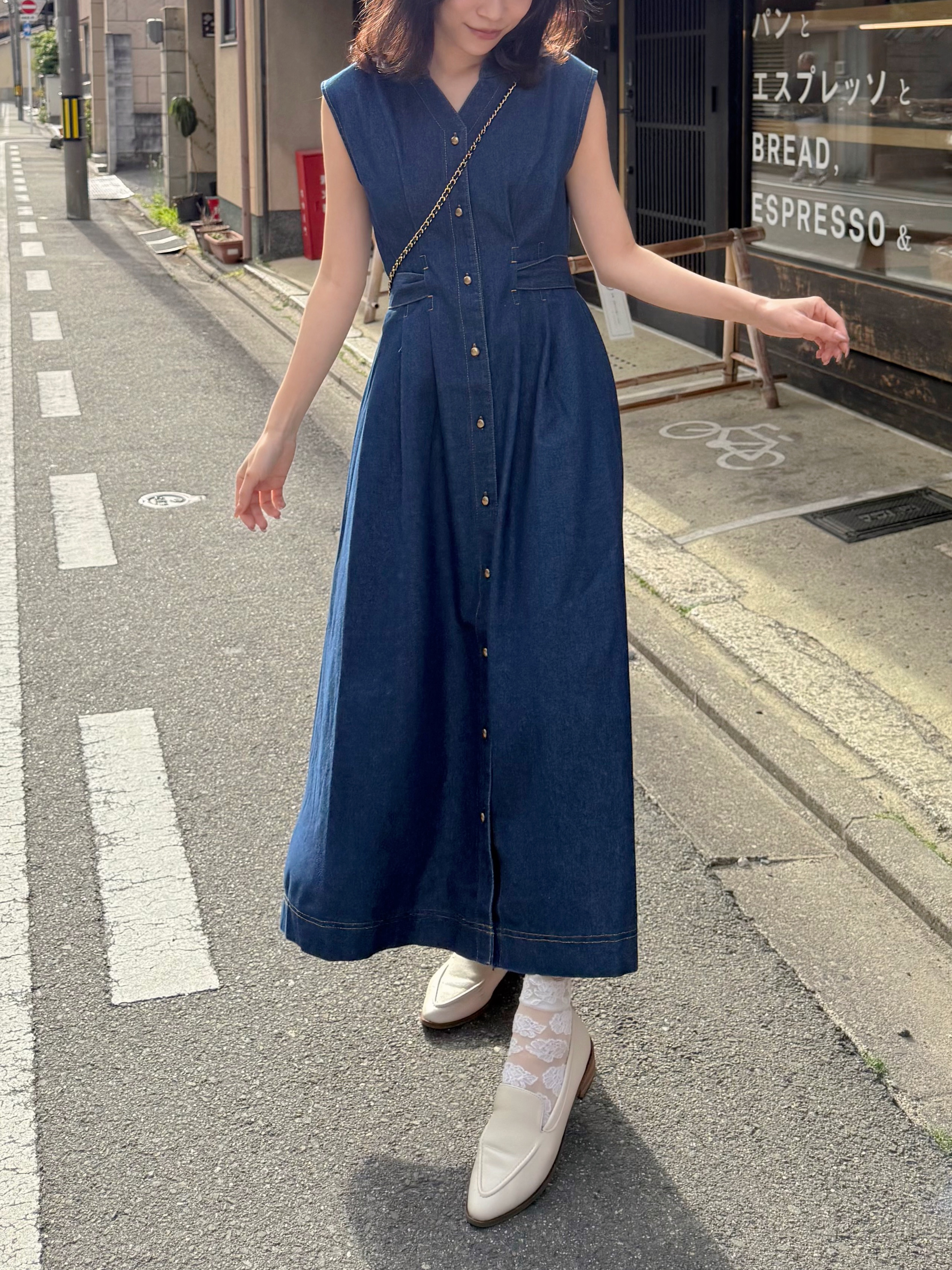 腰帶後蝴蝶結牛仔連身裙