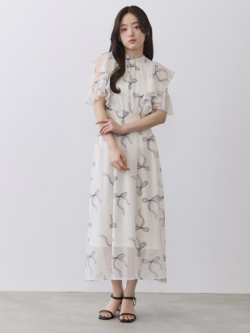 蝴蝶結印花雪紡連身裙