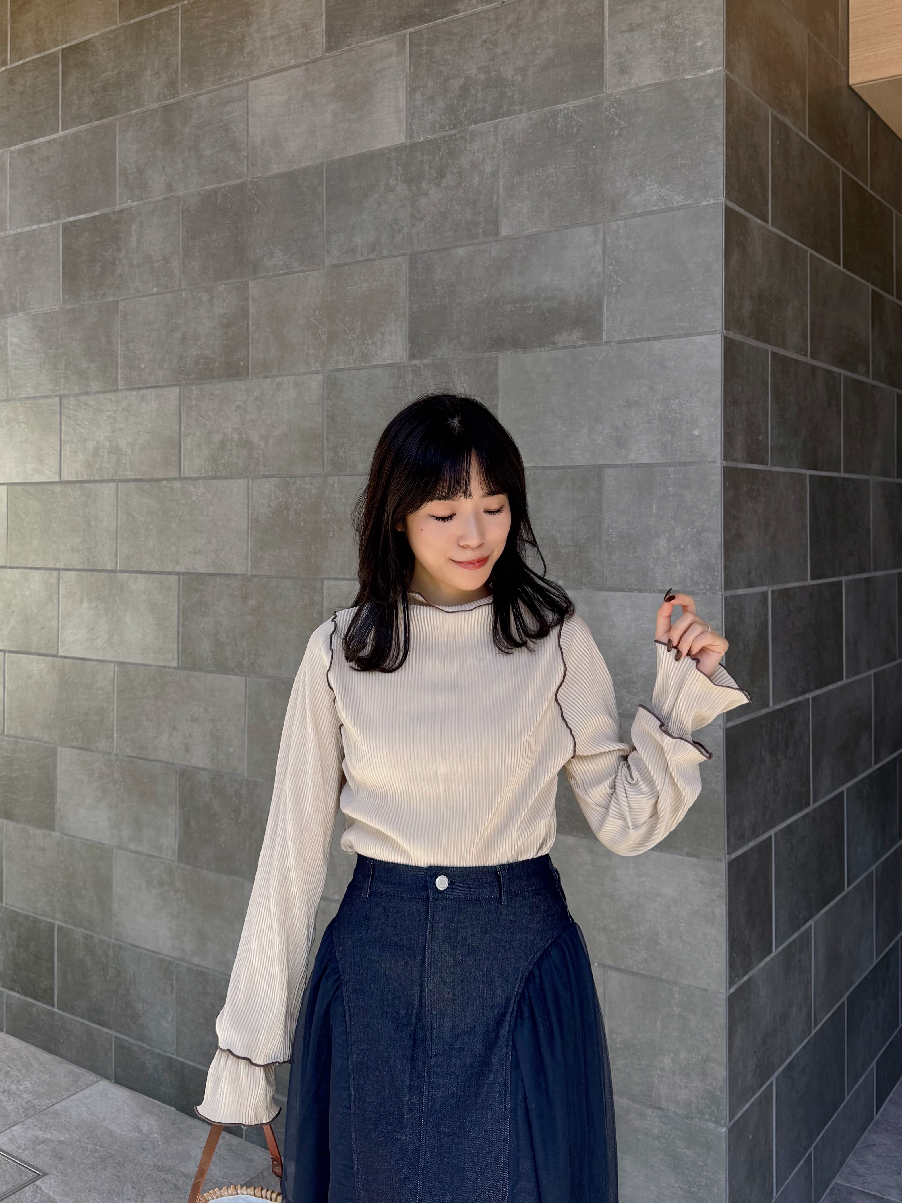 6色•2Way前後拼色百褶2層手袖上衣