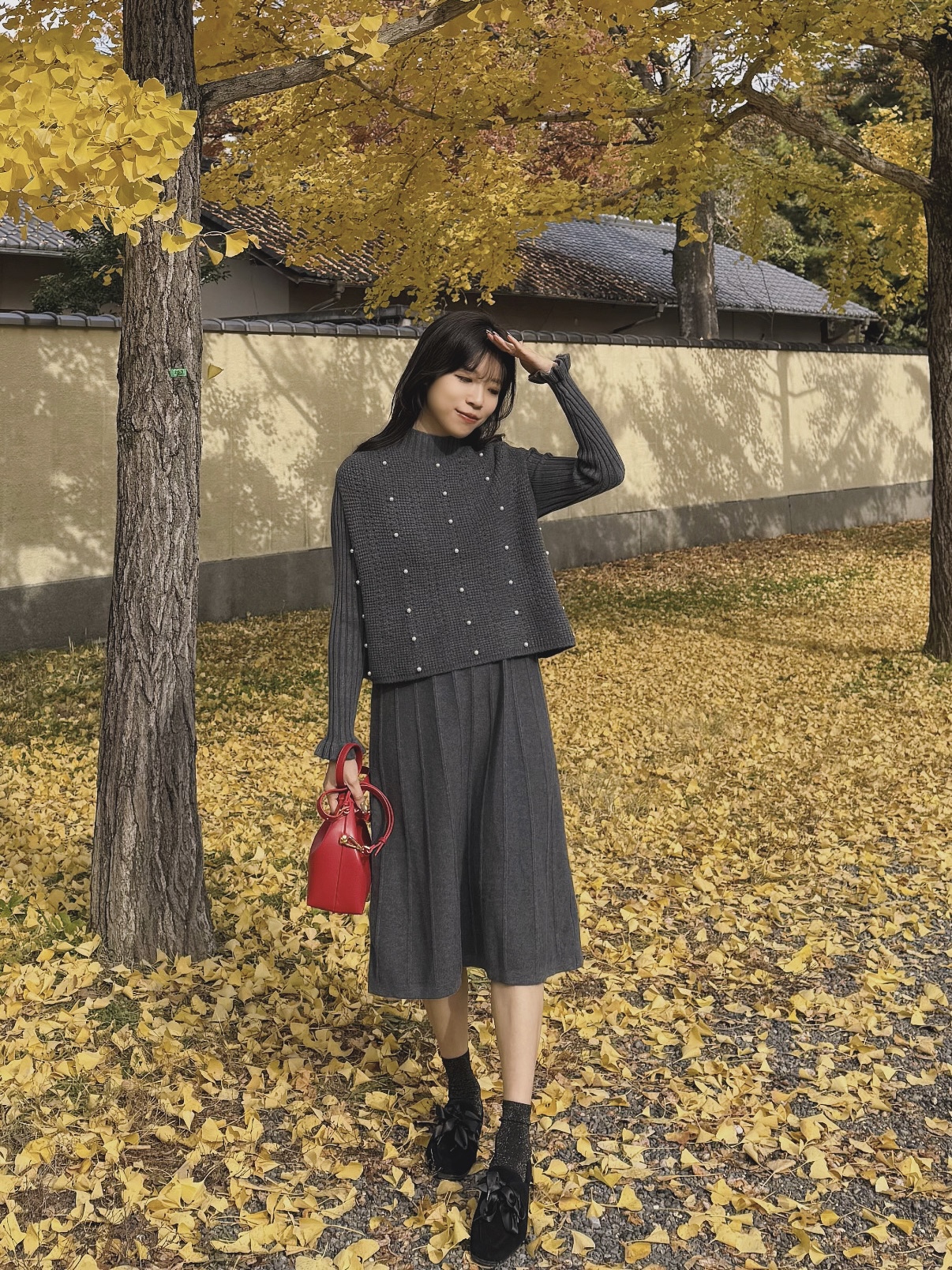 2色•珍珠斗篷針織及膝連身裙