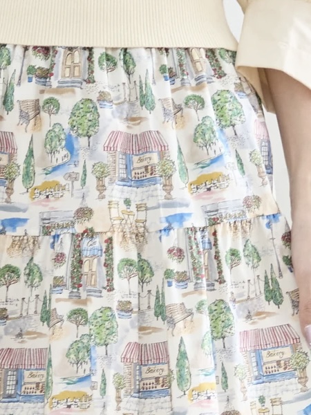 水彩風巴黎咖啡店印花綿質半身裙