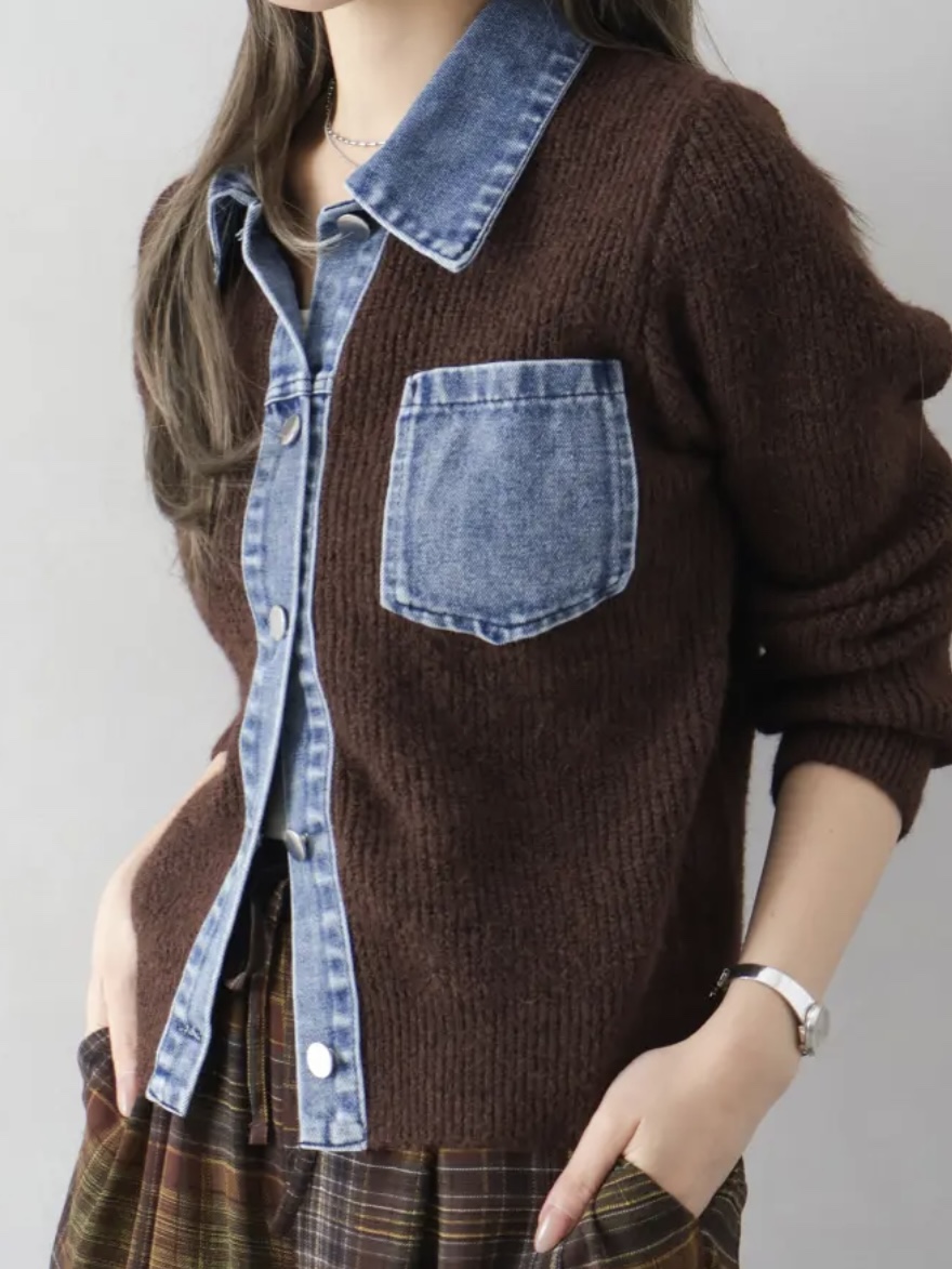 5色•拼牛仔冷衫外套