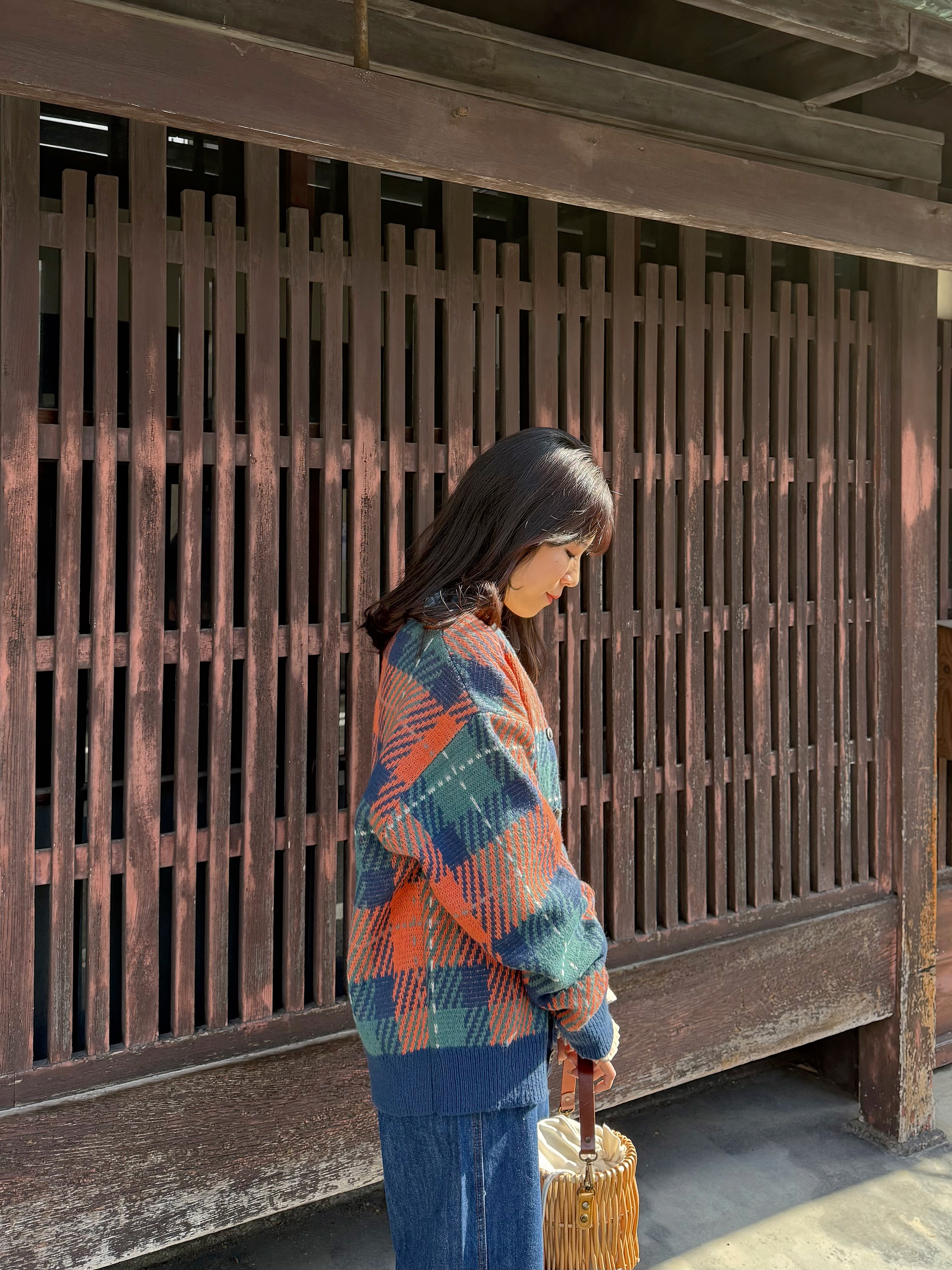 4色•Polo拼色大格紋針織外套