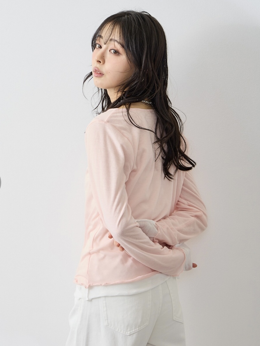 4色•假兩件拼色半透上衣