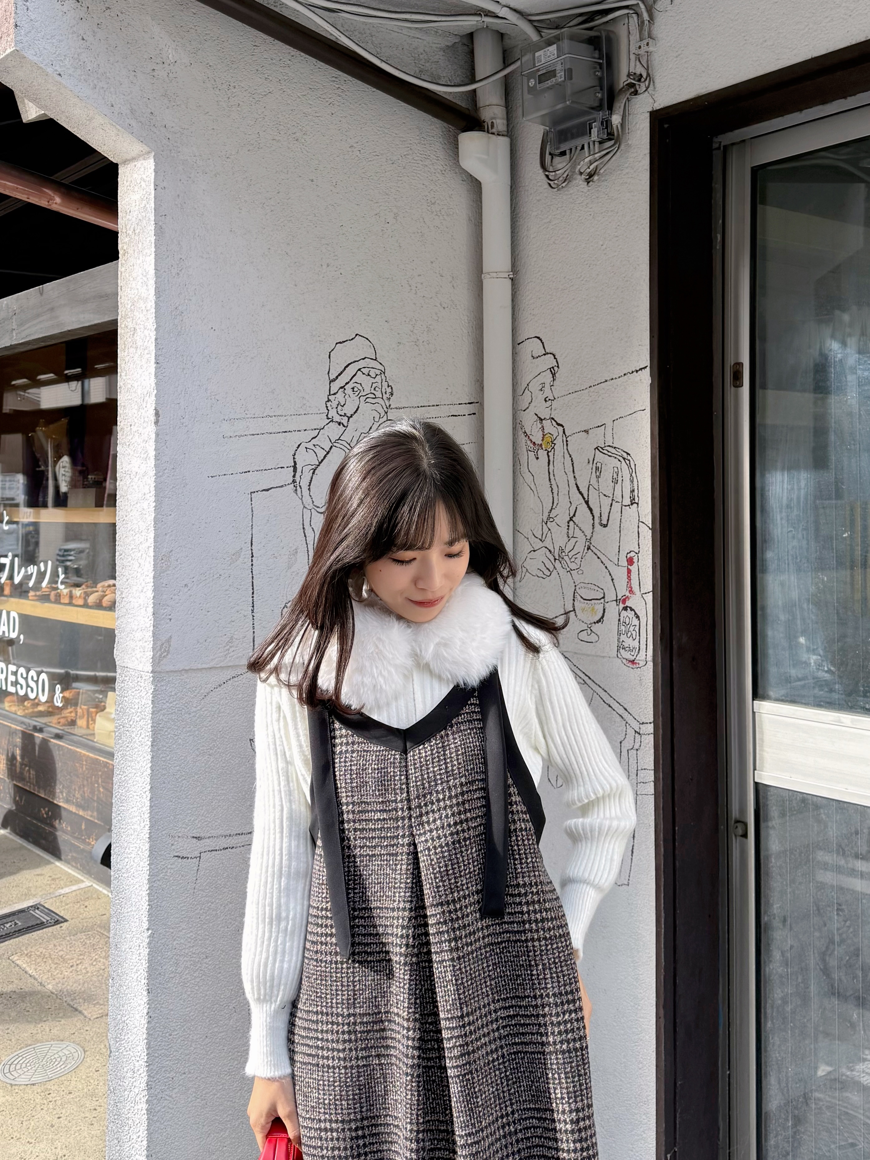 格仔吊帶薄絨有袋連身裙