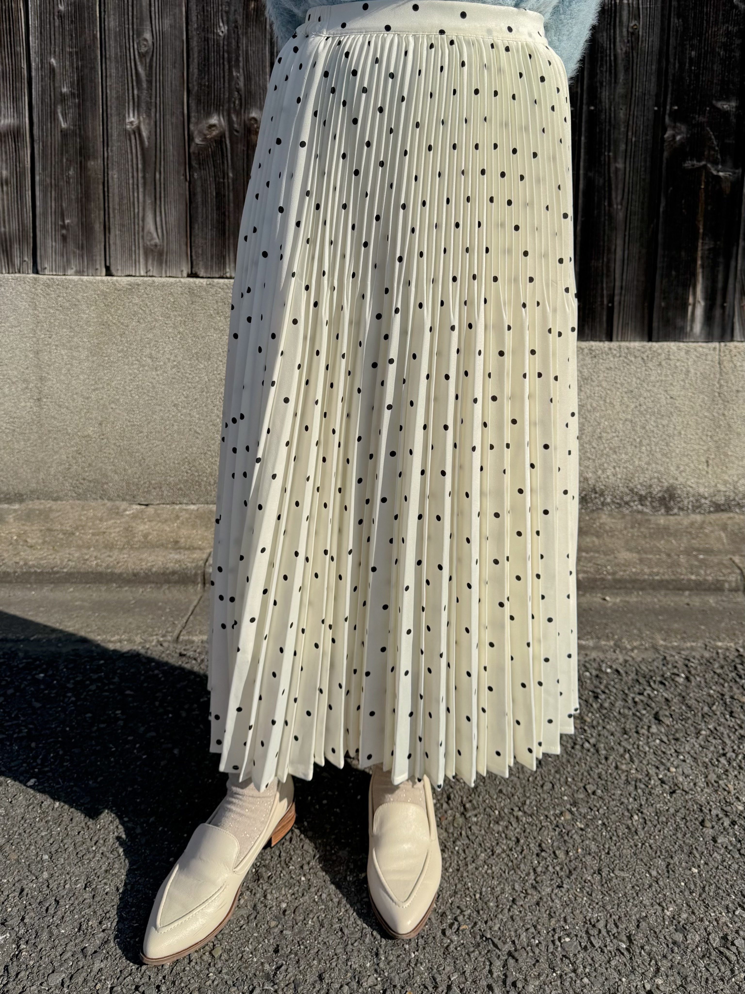 2色•百褶波點雪紡長款半身裙