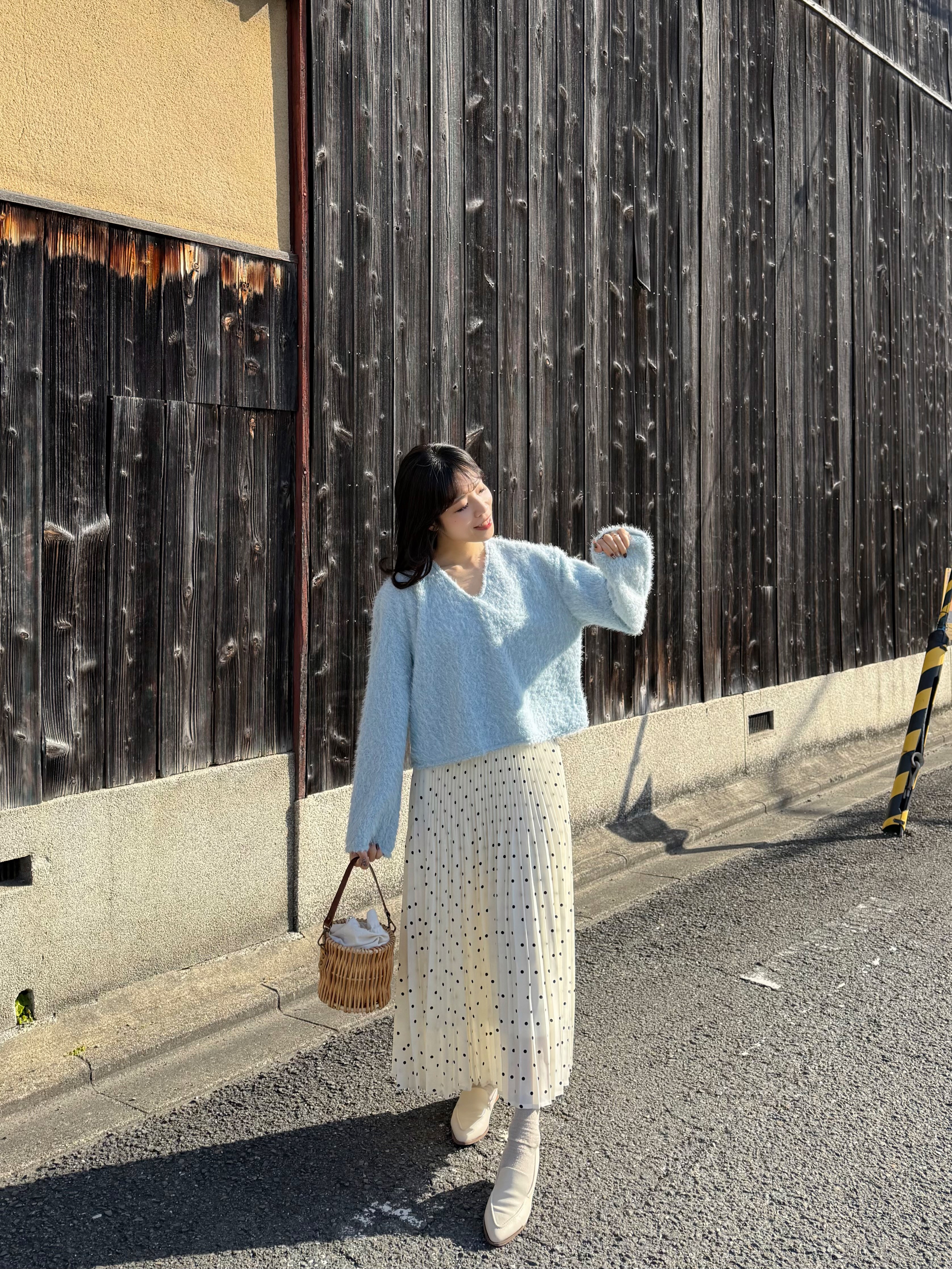 2色•百褶波點雪紡長款半身裙