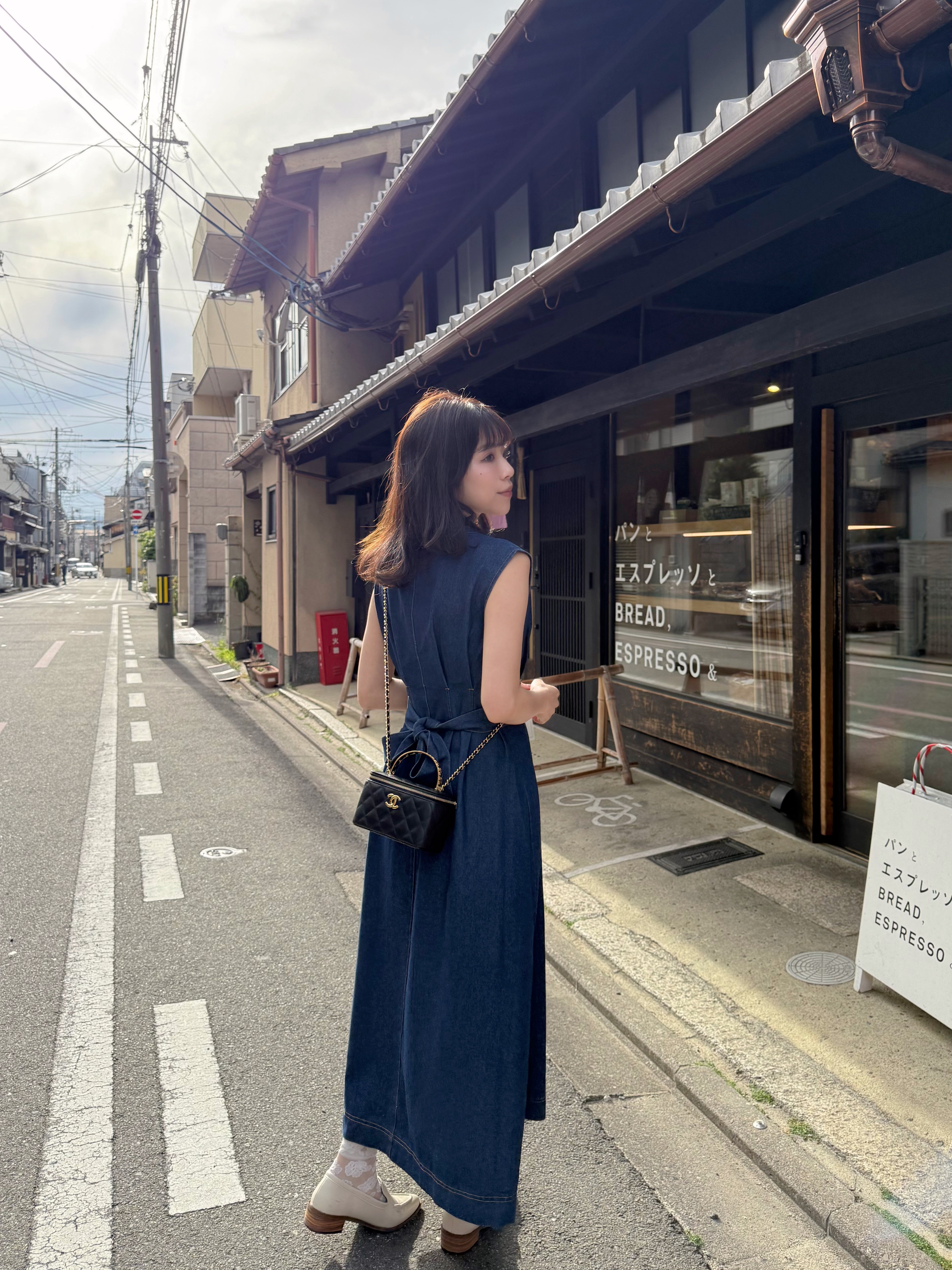 腰帶後蝴蝶結牛仔連身裙