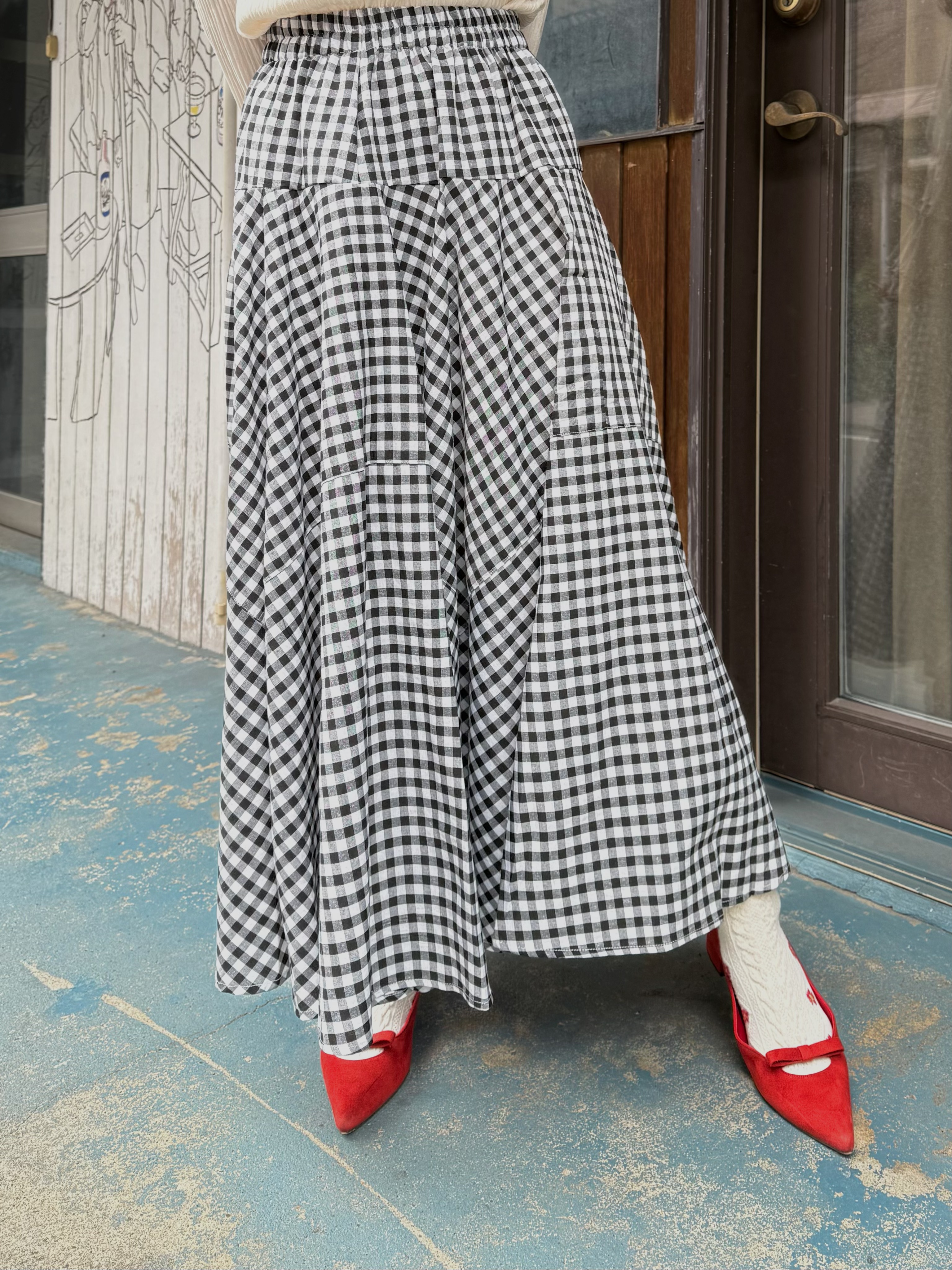 格仔不規則車線A line長款半身裙