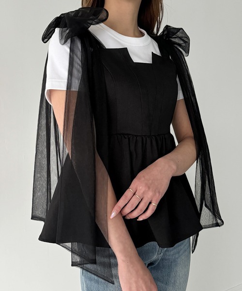 紗蝴蝶結肩帶背心